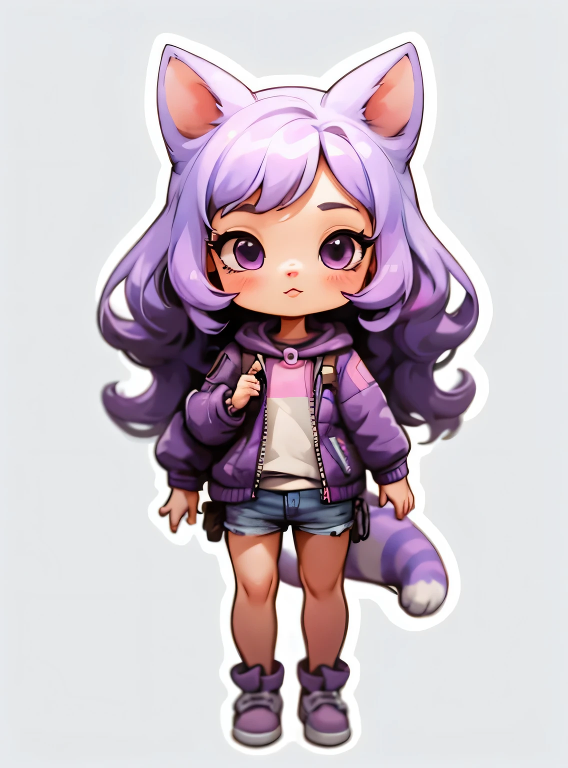 1 garota, fundo simples,3D,mini, corpo todo,cabelo roxo,pano roxo,com um gato