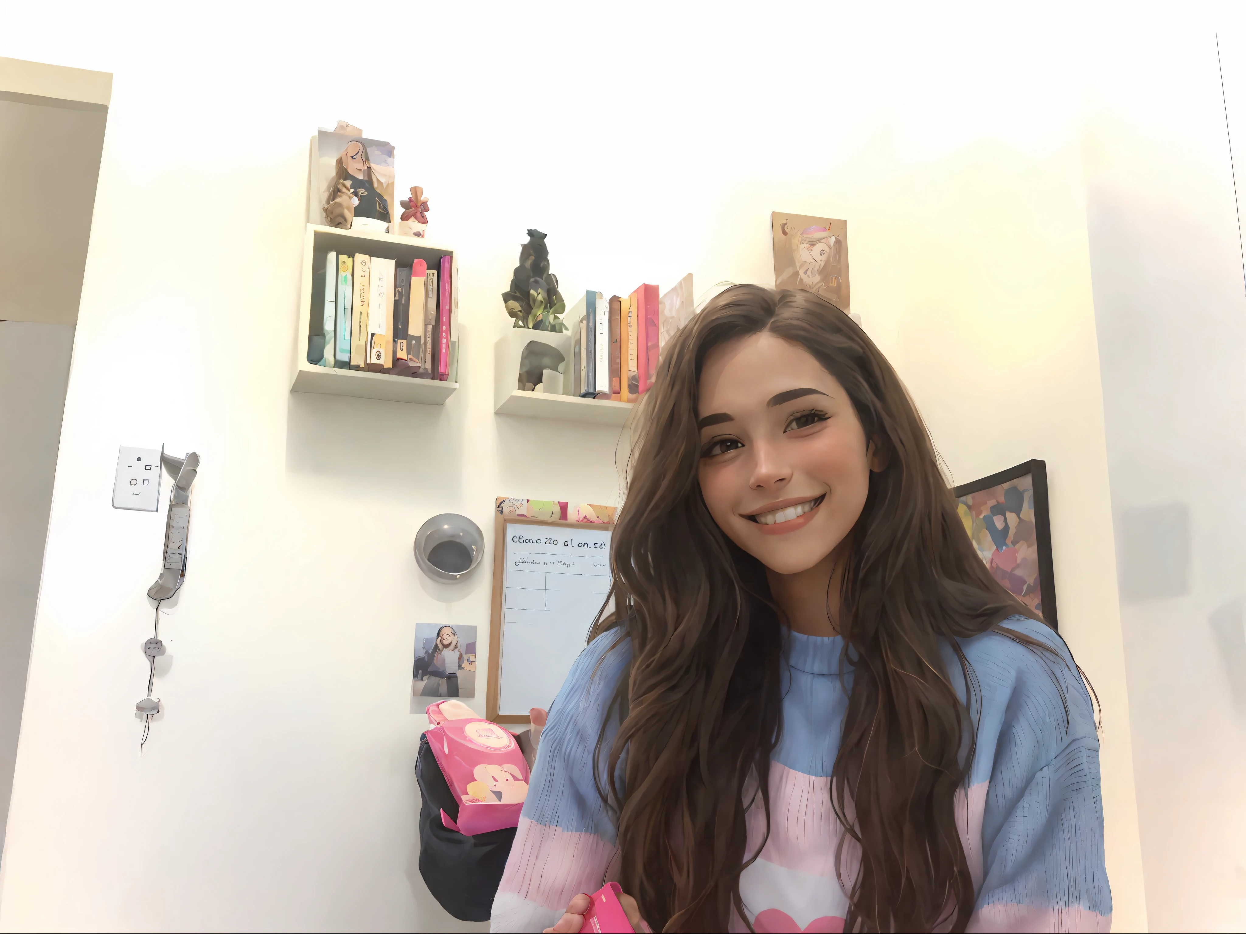 smiling woman in a blue and pink sweater holding a pizza, in your room, Valentina Embaralhamento, smiling happily at the camera, sentada in your room, en tu sala de arte, she expressing joy, nodded, alumno, ella esta sonriendo y feliz, she is smiling and excited, estefania villegas burgos, serena malyon, foto de perfil