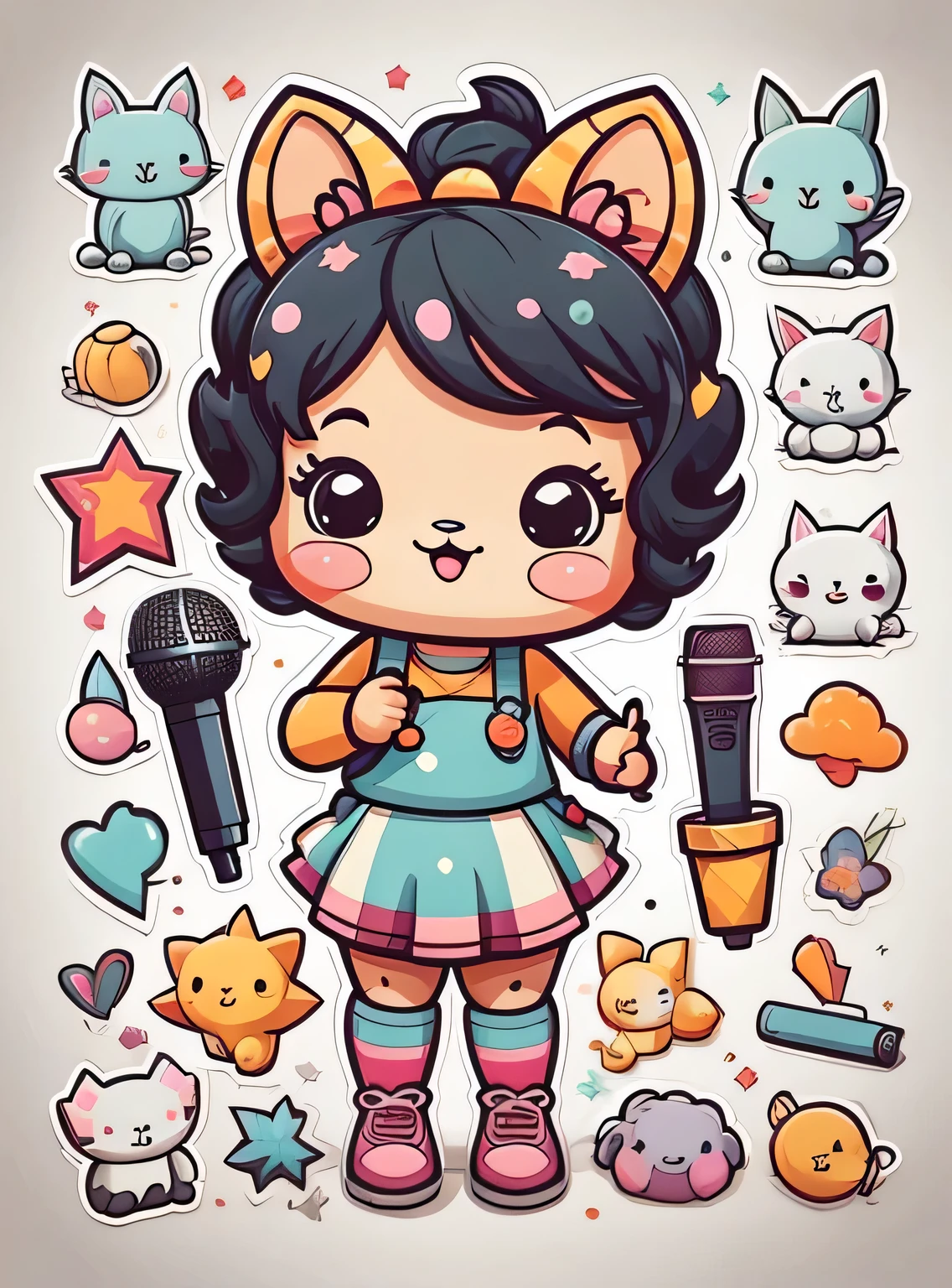 pegatina, microfone, kawaii, contorno, Vetor, fundo branco