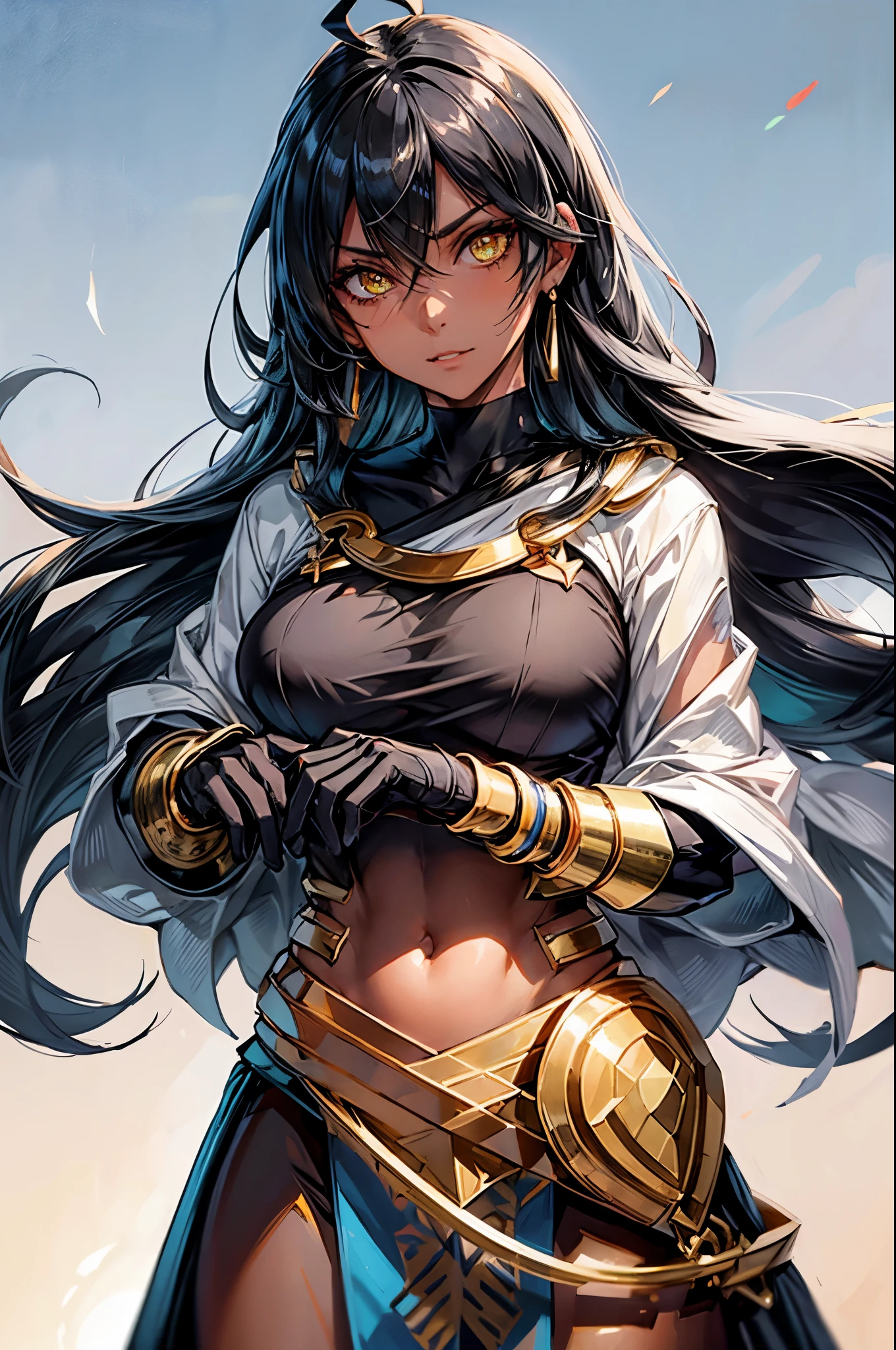 (masterpiece), best quality, expressive eyes, perfect face, highres, (female1.5), 1 girl, solo, ozymadias (fate), yellow eyes, dark-skinned female, hair between eyes, ahoge:1.4), black gloves, white cape, earrings, jewelry, black gloves, golden gauntlets, waist fauld, standing, portrait, looking at the viewer
