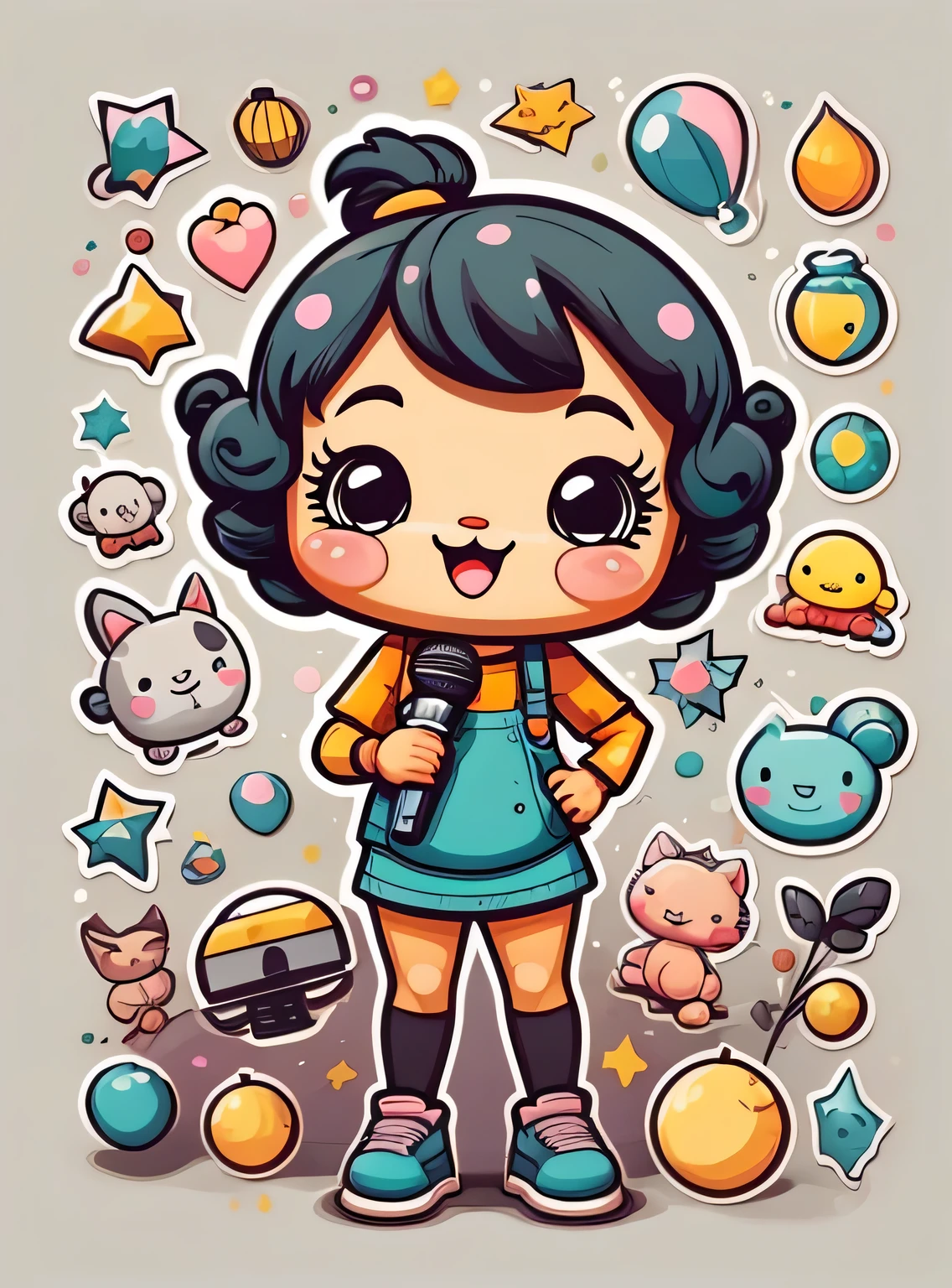 pegatina, microfone, kawaii, contorno, Vetor, fundo branco