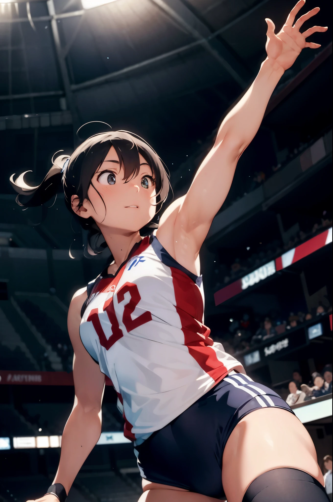 sports photography, female volleyball player soaring above the ground in mid-air, poised to spike the ball with decisive force, captures the essence of japonism influences in its symmetrical composition, an iconic moment frozen in time with a tattoopunk edge, audiences on the edge of their seats, volleyball cup tournament in full swing, gender bending gender roles with a defiant grace, reminiscent of Neil Leiffer's groundbreaking works, high-speed Phantom camera captures dynamic action and movement in exquisite detail, perfect lighting illuminates the well-defined muscles and veins, wide aspect ratio 7:5, high resolution S2 enhances every detail.