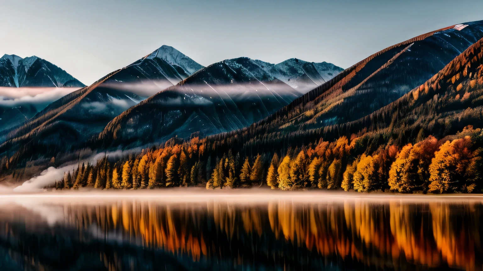 ((nmasterpiece)), (((最佳质量))), ((Ultra-detailded)), (astonishing:1.1), beatifull, naturey, Sky and steppe, Misty Mountain Morning: A scene featuring early morning mist clinging to the slopes of a mountain range, with the first light of dawn casting a soft glow. A clear, calm lake reflects the mountains, enhancing the tranquility., award wining photo, Toshiba PDR M70 boo, --AR 16:9