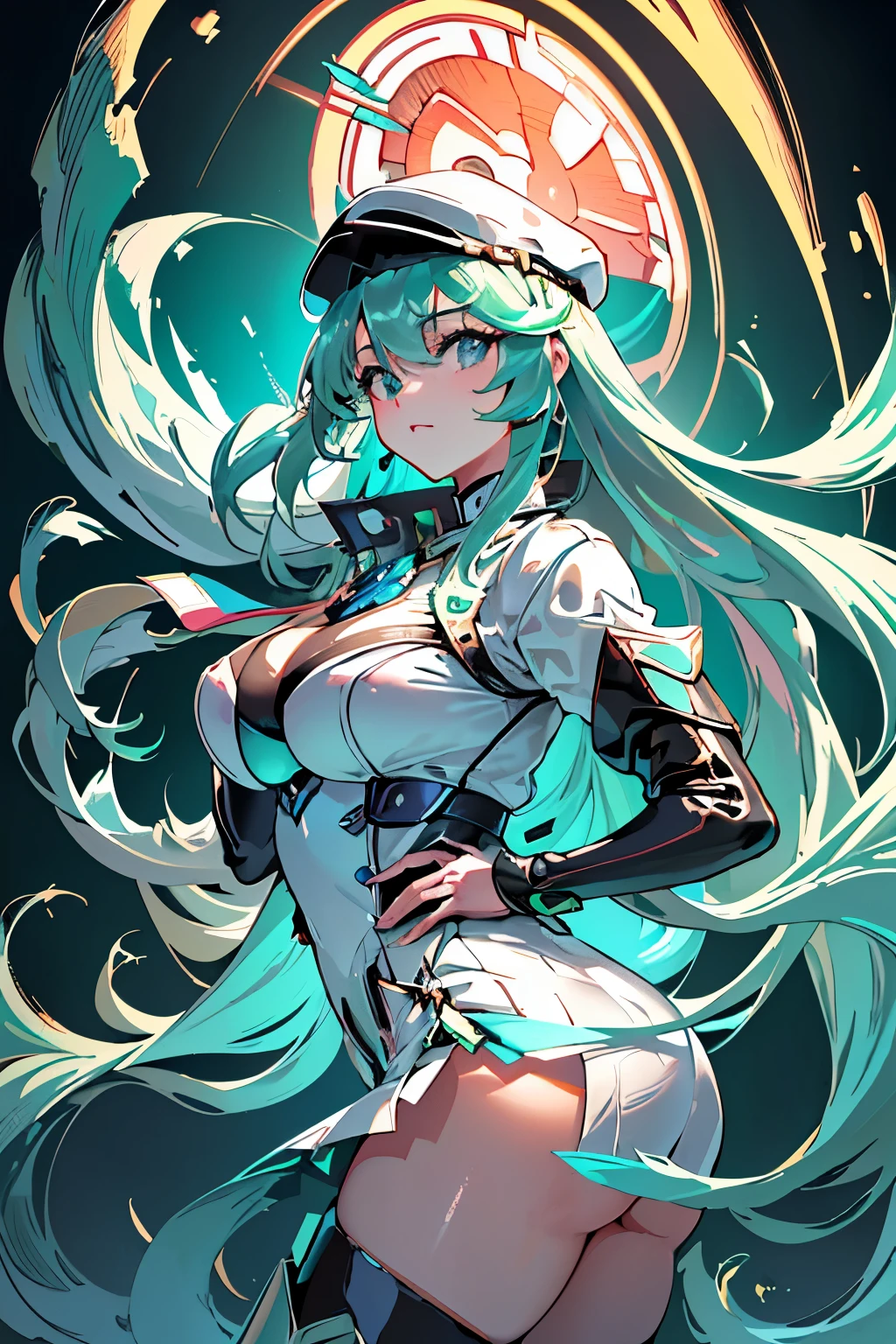 Anime, Girl, (((1girl))), (((Waifu, Xenoblade Chronicles 2, Pneuma Waifu))), (((Seafoam Green Hair, Long Hair))), ((Seafoam Green Eyes eyes:1.3, Upturned Eyes: 1, Perfect Eyes, Beautiful Detailed Eyes, Gradient eyes: 1, Finely Detailed Beautiful Eyes: 1, Symmetrical Eyes: 1, Big Highlight On Eyes: 1.2)), (((Lustrous Skin: 1.5, Bright Skin: 1.5, Skin Fair, Shiny Skin, Very Shiny Skin, Shiny Body, Plastic Glitter Skin, Exaggerated Shiny Skin, Illuminated Skin))), (Detailed Body, (Detailed Face)), Young, Idol Pose, (Best Quality), Techwear, (((Military Uniform))), (((Military Cap))), (((Military Coat))), (((Thigh-high Heeled Boots))), High Resolution, Sharp Focus, Ultra Detailed, Extremely Detailed, Extremely High Quality Artwork, (Realistic, Photorealistic: 1.37), 8k_Wallpaper, (Extremely Detailed CG 8k), (Very Fine 8K CG), ((Hyper Super Ultra Detailed Perfect Piece)), (((Flawlessmasterpiece))), Illustration, Vibrant Colors, (Intricate), High Contrast, Selective Lighting, Double Exposure, HDR (High Dynamic Range), Post-processing, Background Blur