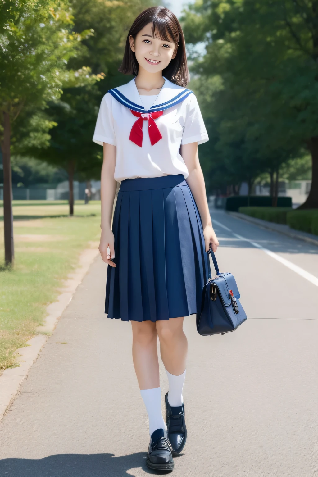 (masterpiece, highest quality, High resolution), japanese woman,late teens、 1 girl, Idol cuteness:1.5, beautifulしい顔:1.5、bob、dark brown hair、 smile shyly、Sense of cleanliness、Girls' high school, Carrying a student bag、alone, blue sailor collar, sailor collar, serafuku, blue skirt, short sleeve, red ribbon,beautiful, Full body Esbian,on the way to school、walk、summer、like、model shoot、