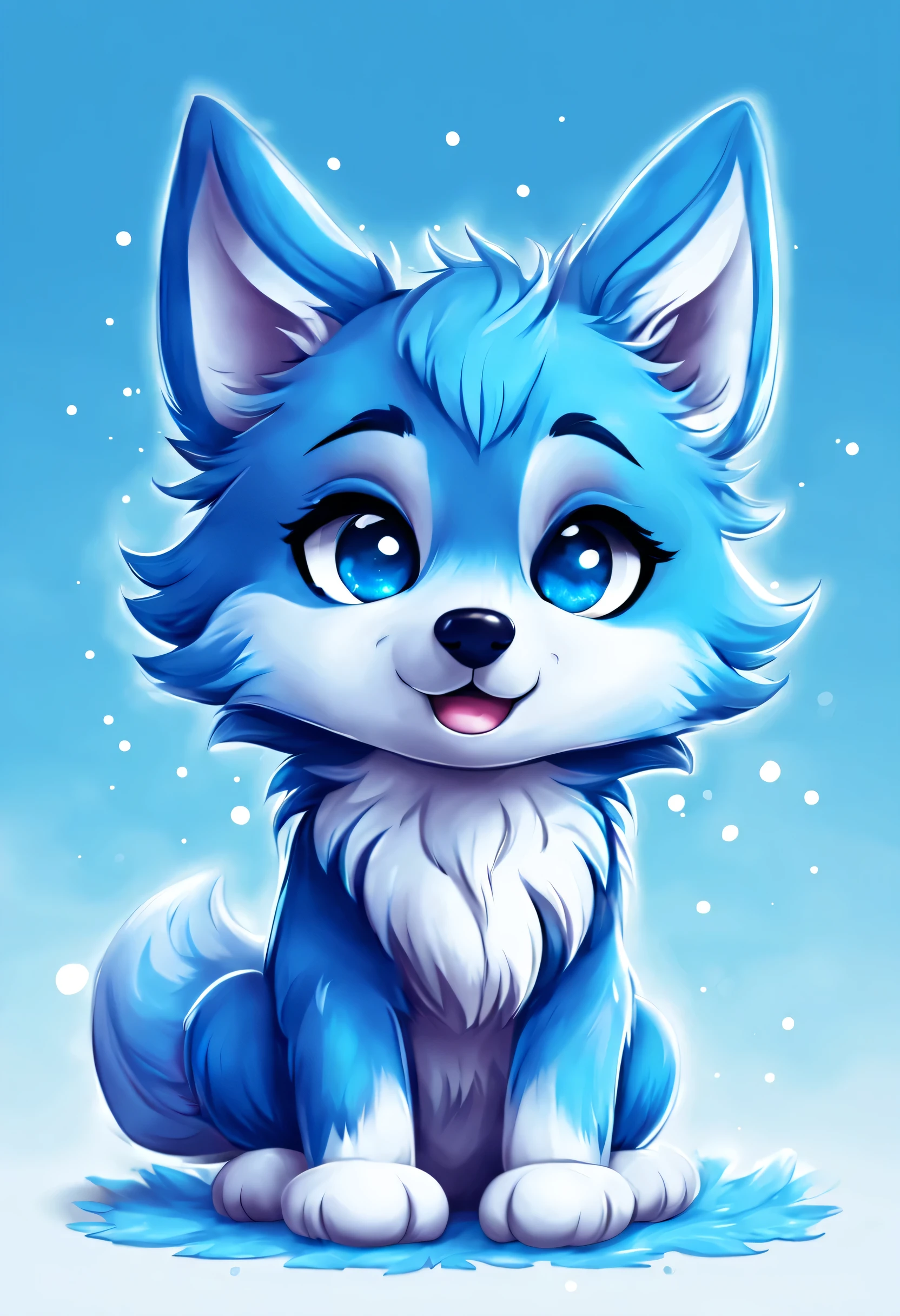 lobo azul,Bonitinho,estilo chibi,illustration,ultra-detalhado,frisky, cores vivas,sombreamento suave,grandes olhos brilhantes,pele fofa,patas para cima,fundo brilhante,sorridente