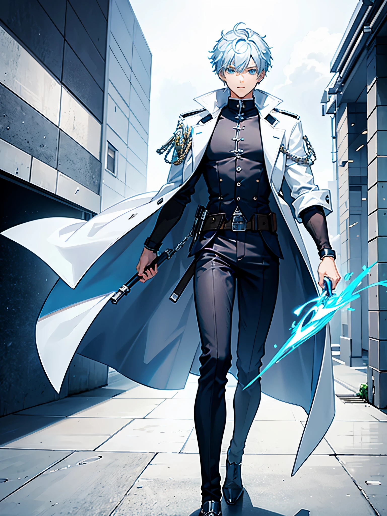 Sixteen years old blue eyed man walking with his white wolf he has short light blue haired anime male and an Athletic body, wearing a mercenary coat.