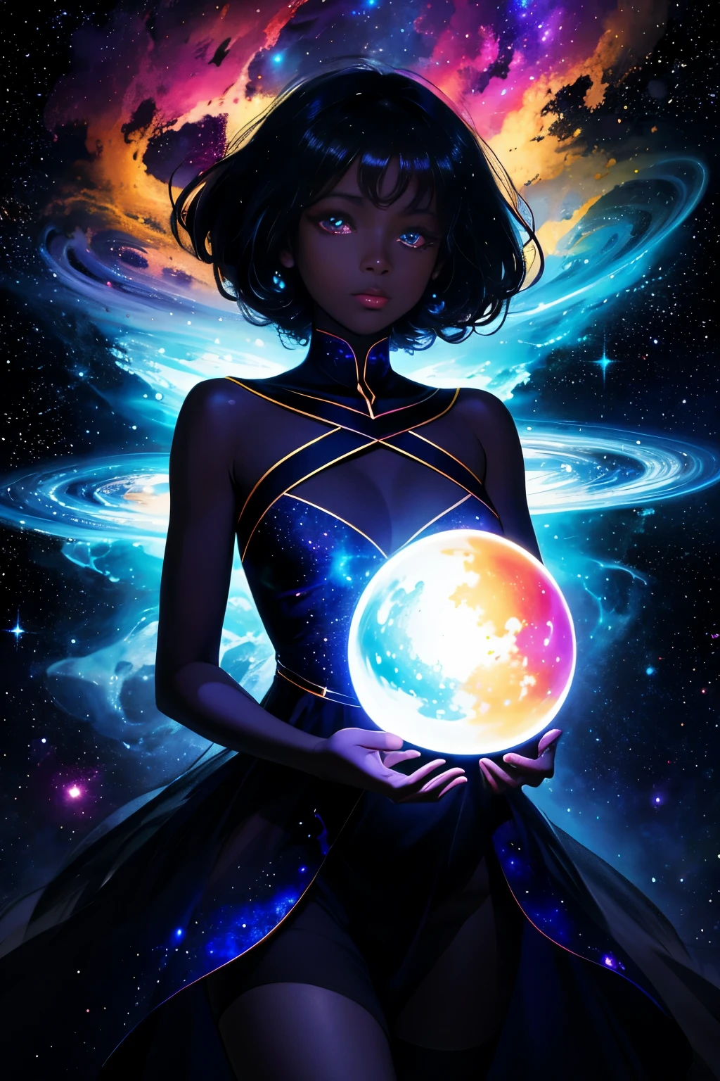 masterpiece, best quality, ultra high res, (abstract art:1.3), (dark art:1.3), deep shadow, dark theme, short Haitian girl glowing and engulfed in cosmic energy, cosmic dress, cosmic beauty, in space, nebula, nice hands, perfect hands,