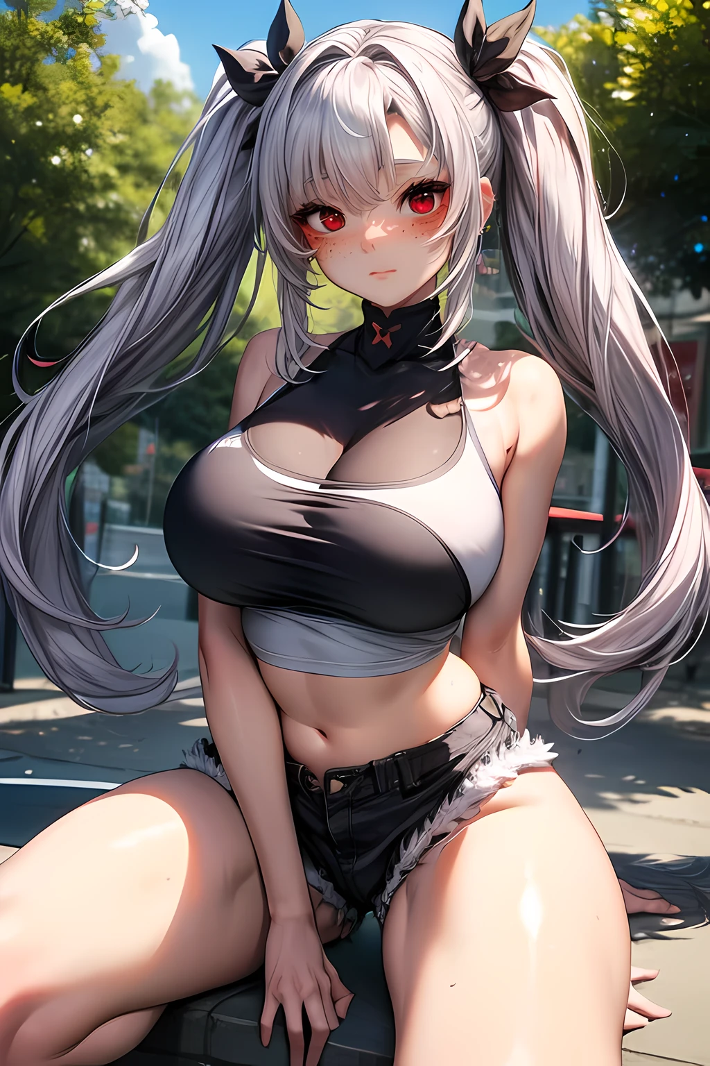 (best quality,4K,8k,high resolution,masterpiece),super detailed,pigtails, x ornament, white hair, freckles on nose, (red eyes), long hair,Ultra high definition face, Woman wearing purple tight shorts and white sneakers posing for photo, Tik, exposed thighs!!!, Gray tight blouse, White sneakers, in the park, Nice butt and long legs, wearing tight simple clothes, tights, Gray top, round thighs, pretty face，arms and legs, large breasts, large , huge breast, hourglass figure, Thin waist and thick hips, Pelvis larger than shoulder blades, wide pelvis, fitness model, rosy cheeks, blush, big lips, 