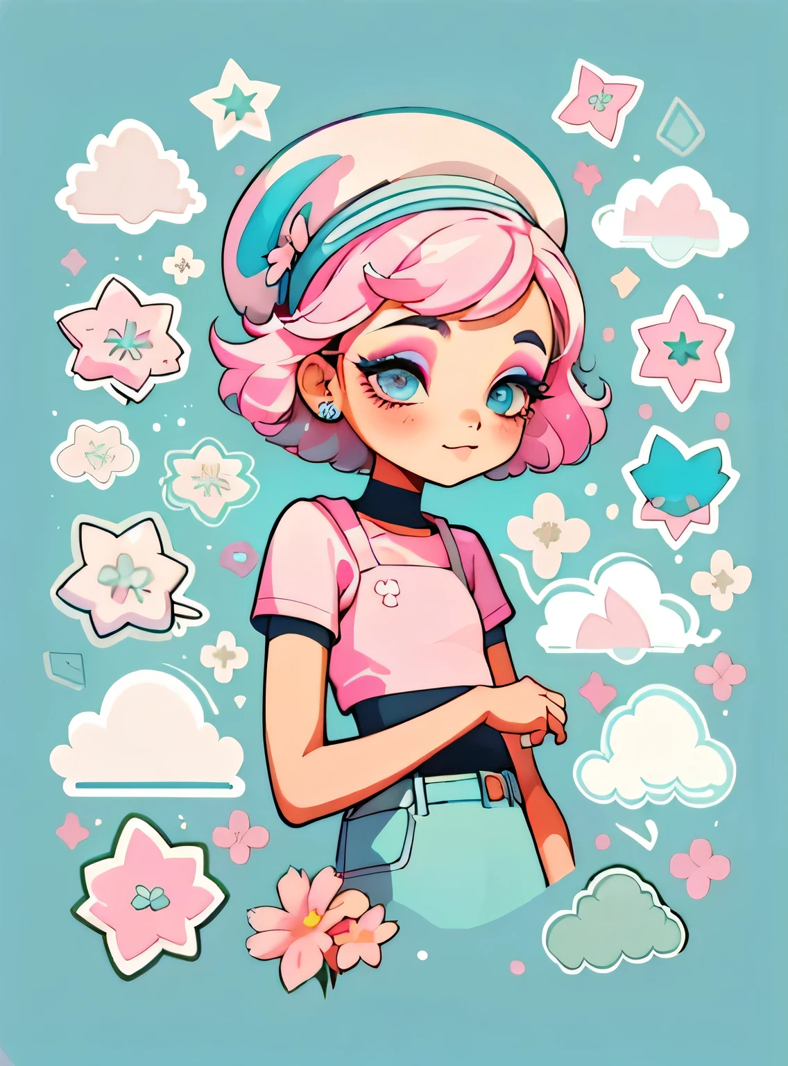 1 adesivo, manual, (uma garota estilosa, modelo, Top rosa, fresco e fresco), fundo azul, fundo simples, minimum, elementos de maquiagem, Flores, cap, Bonitinho, pequeno, cor pastel, estilo vetorial, sem gradiente,sorridente