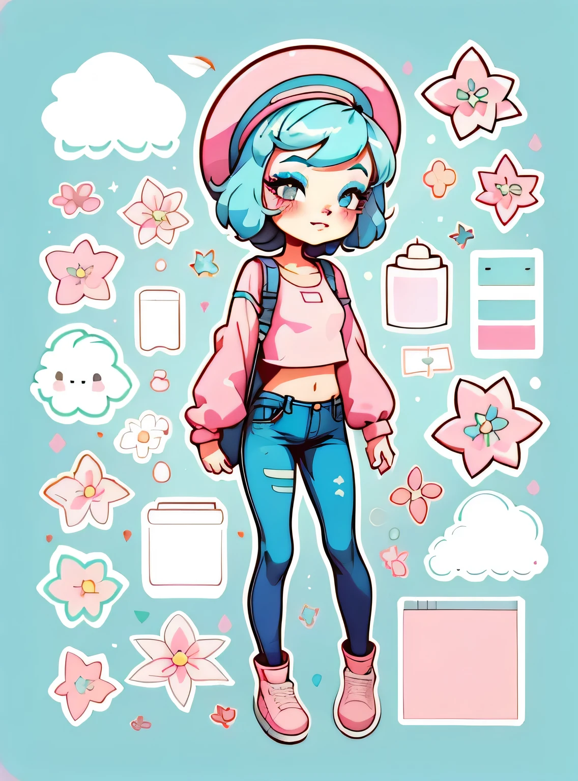 1 adesivo, manual, (uma garota estilosa, modelo, Top rosa, fresco e fresco), fundo azul, fundo simples, minimum, elementos de maquiagem, Flores, cap, Bonitinho, pequeno, cor pastel, estilo vetorial, sem gradiente，sorridente