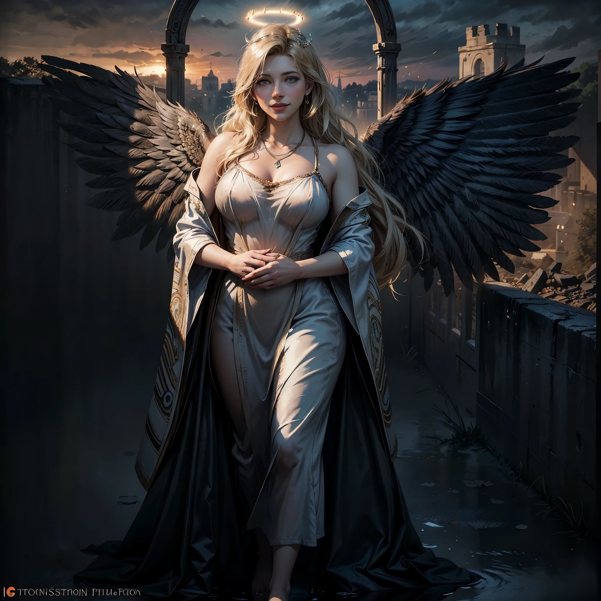 (Numerous award-winning masterpiece, with incredible detail, textures and maximum detail), (hyper realistic:1.4), (full-body standing image:1.7), (best quality real texture skin), (finely detailed true circle eyes), (finely Detailed and beautiful face that is out of this world:1.6), (Warm and gentle holy light pouring down strongly:1.4), ((medieval world)), (Divine Halo:1.6), (The warm look of the loving mother), (She has joy in her eyes and a happy smile on her face:1.3), (Opens mouth and laughs happily), (Beautiful eyes that sparkle and shine), (Dramatic Light), (A majestic sight), Her expression is full of tenderness and beautiful, (Sacred radiance magic circle:1.4), (large wings with beautiful white feathers behind shoulders:1.3), (Wears a white see through robe with elaborate patterns:1.4), large whie wings, Earrings with a sacred atmosphere of refined craftsmanship, (((dramatic photo))), (Sunrise), (Sunset), (Sunny), ((dramatic pose)), (flamboyant photo), (golden hair), (Around her neck is a simple necklace of exquisite workmanship), Old ruins infested with plants, great temple, grass, forest, temple ruins, detached temple, Ruins of an ancient castle, Deserted ruins, crumbling ruins, Ancient ruins with clear water, wavelets, running water Shining majestic cloud masses and sky, epic realistic, faded, art, (Greg Rutkowski:0.8), (teal and orange:0.4), (art station:1.5), cinematic, ((neutral colors)), (hdr:1.5), (muted colors:1.2), hyper detailed, dramatic light, (intricate details:1.1), complex background,
