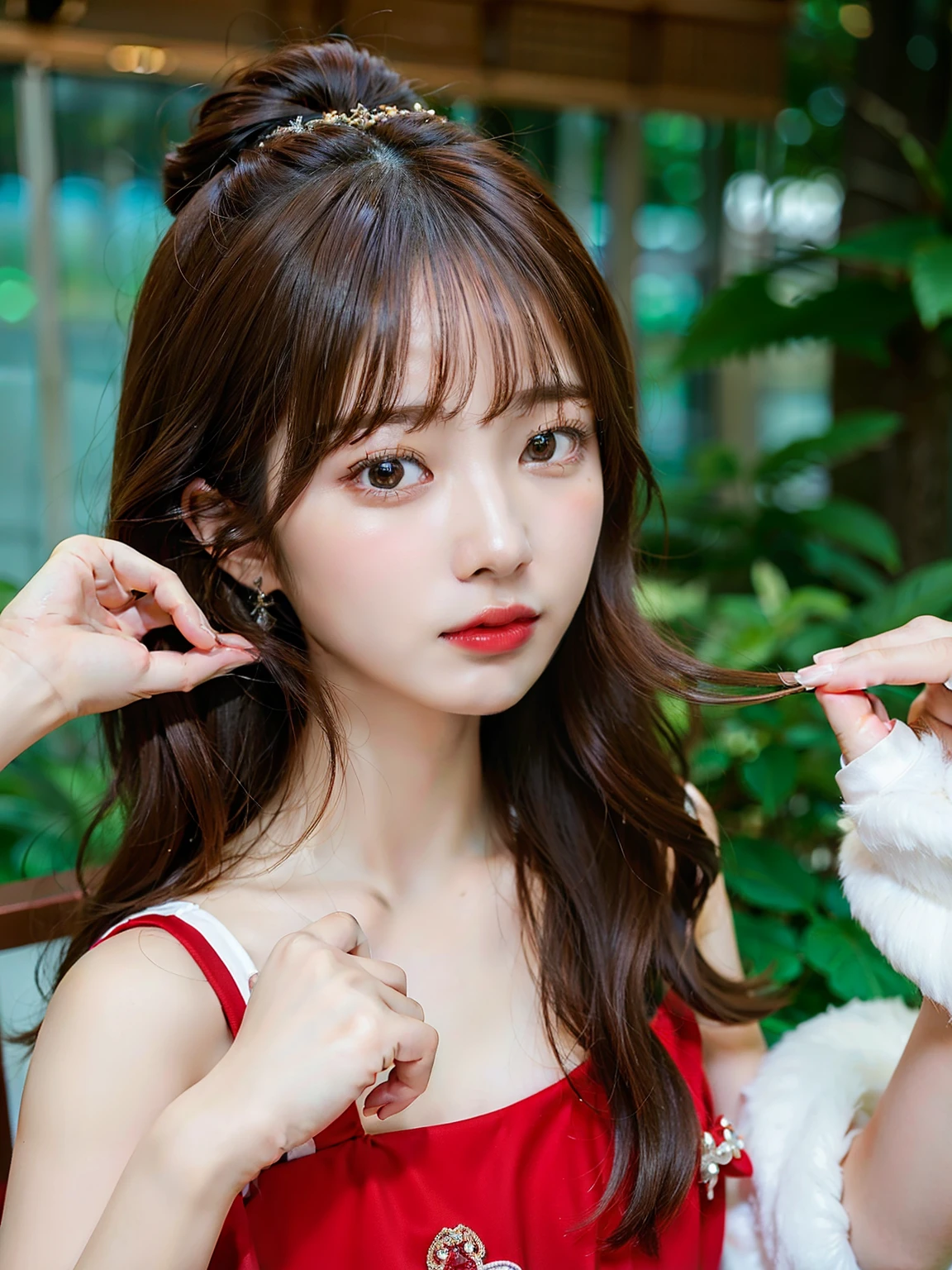 there is a woman in a red dress brushing her hair, beautiful south mujer coreana, ulzzang, beautiful young mujer coreana, gorgeous young mujer coreana, maquillaje popular de corea del sur, Jinyoung Shin, muchacha coreana, maquillaje coreano popular, pale korean adorable face, bae suzy, hasta el modelo | germen de arte, Lalisa Manobal, sakimichan, mujer coreana