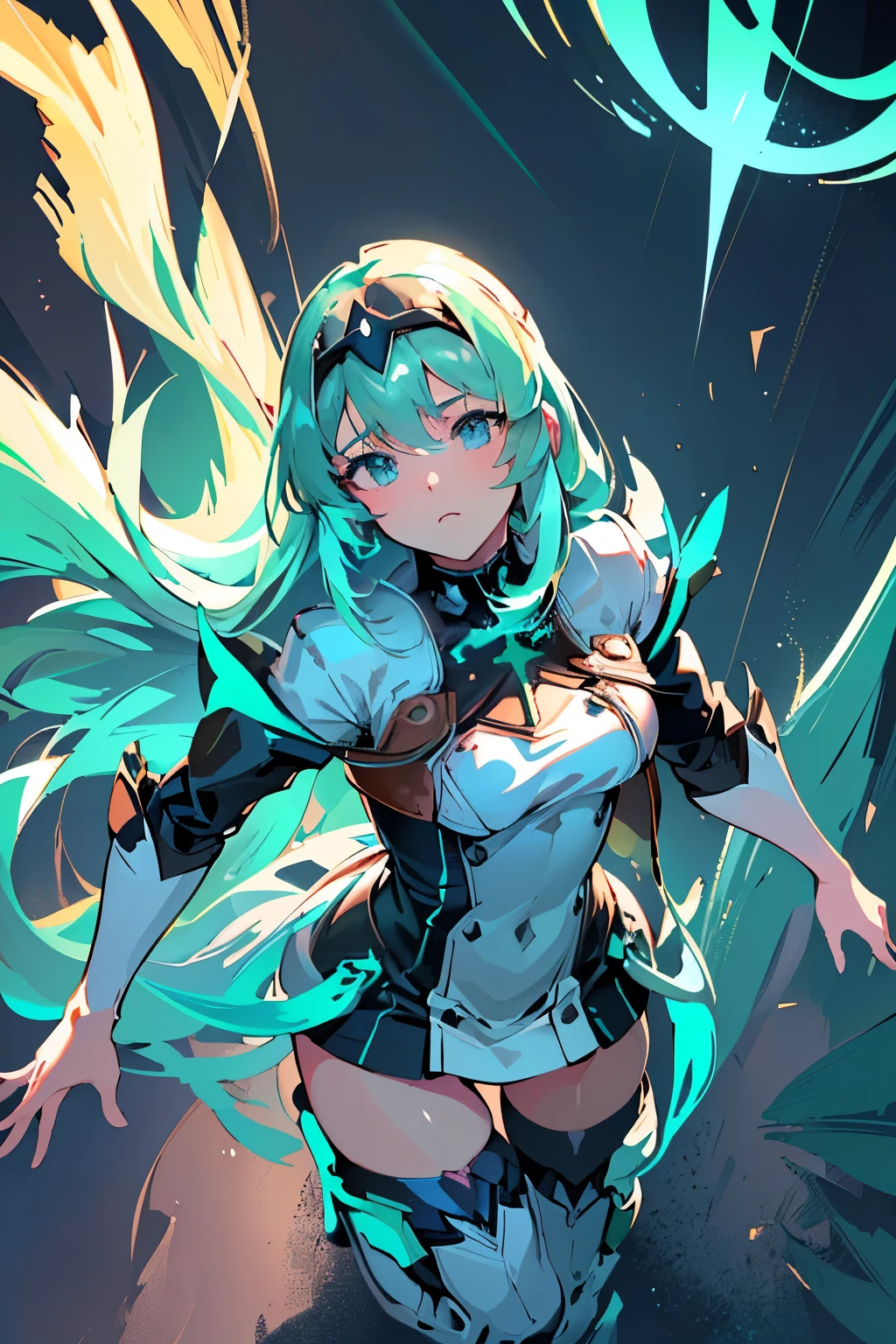 Anime, Girl, (((1girl))), (((Waifu, Xenoblade Chronicles 2, Pneuma Waifu))), (((Seafoam Green Hair, Long Hair))), ((Seafoam Green Eyes eyes:1.3, Upturned Eyes: 1, Perfect Eyes, Beautiful Detailed Eyes, Gradient eyes: 1, Finely Detailed Beautiful Eyes: 1, Symmetrical Eyes: 1, Big Highlight On Eyes: 1.2)), (((Lustrous Skin: 1.5, Bright Skin: 1.5, Skin Fair, Shiny Skin, Very Shiny Skin, Shiny Body, Plastic Glitter Skin, Exaggerated Shiny Skin, Illuminated Skin))), (Detailed Body, (Detailed Face)), Young, Idol Pose, (Best Quality), Techwear, (((Military Uniform))), (((Military Cap))), (((Military Coat))), (((Thigh-high Heeled Boots))), High Resolution, Sharp Focus, Ultra Detailed, Extremely Detailed, Extremely High Quality Artwork, (Realistic, Photorealistic: 1.37), 8k_Wallpaper, (Extremely Detailed CG 8k), (Very Fine 8K CG), ((Hyper Super Ultra Detailed Perfect Piece)), (((Flawlessmasterpiece))), Illustration, Vibrant Colors, (Intricate), High Contrast, Selective Lighting, Double Exposure, HDR (High Dynamic Range), Post-processing, Background Blur