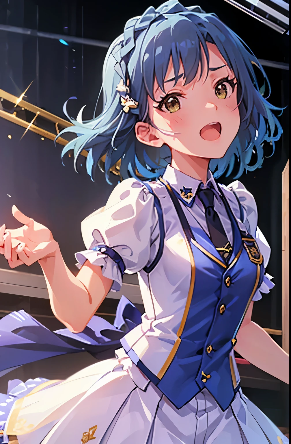 yuriko nanao (million live), 1 girl, Solo, Cute Girl, Best Quality, Ultra-detailed, 8K, High resolution, (((upper body, face focus:1.3))), Detailed face, falling down, singing on the stage, holding a microphone, looking at viewer, smile, happy, opened mouth, reach out a hand for viewer, Bob Hair, ((sweat)), ((idol costume:1.1, blue vest, short sleeves, puffy sleeves, black necktie, white skirt, pleated skirt,)), 