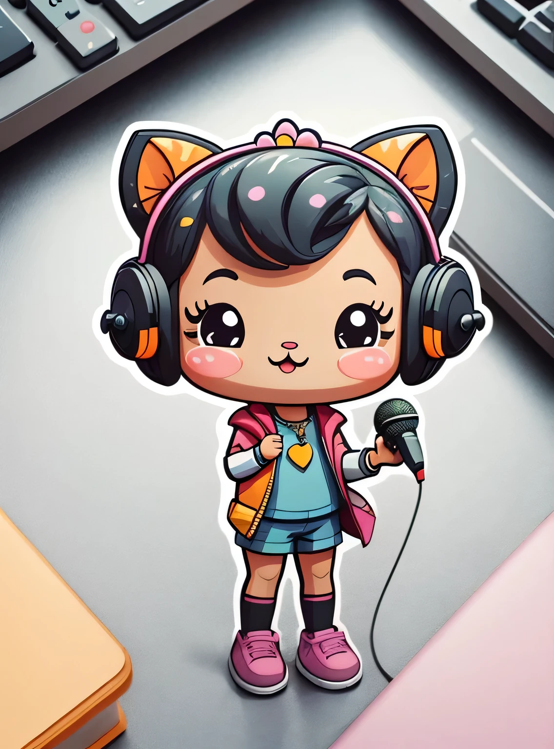pegatina, microfone, kawaii, contorno, Vetor, fundo branco