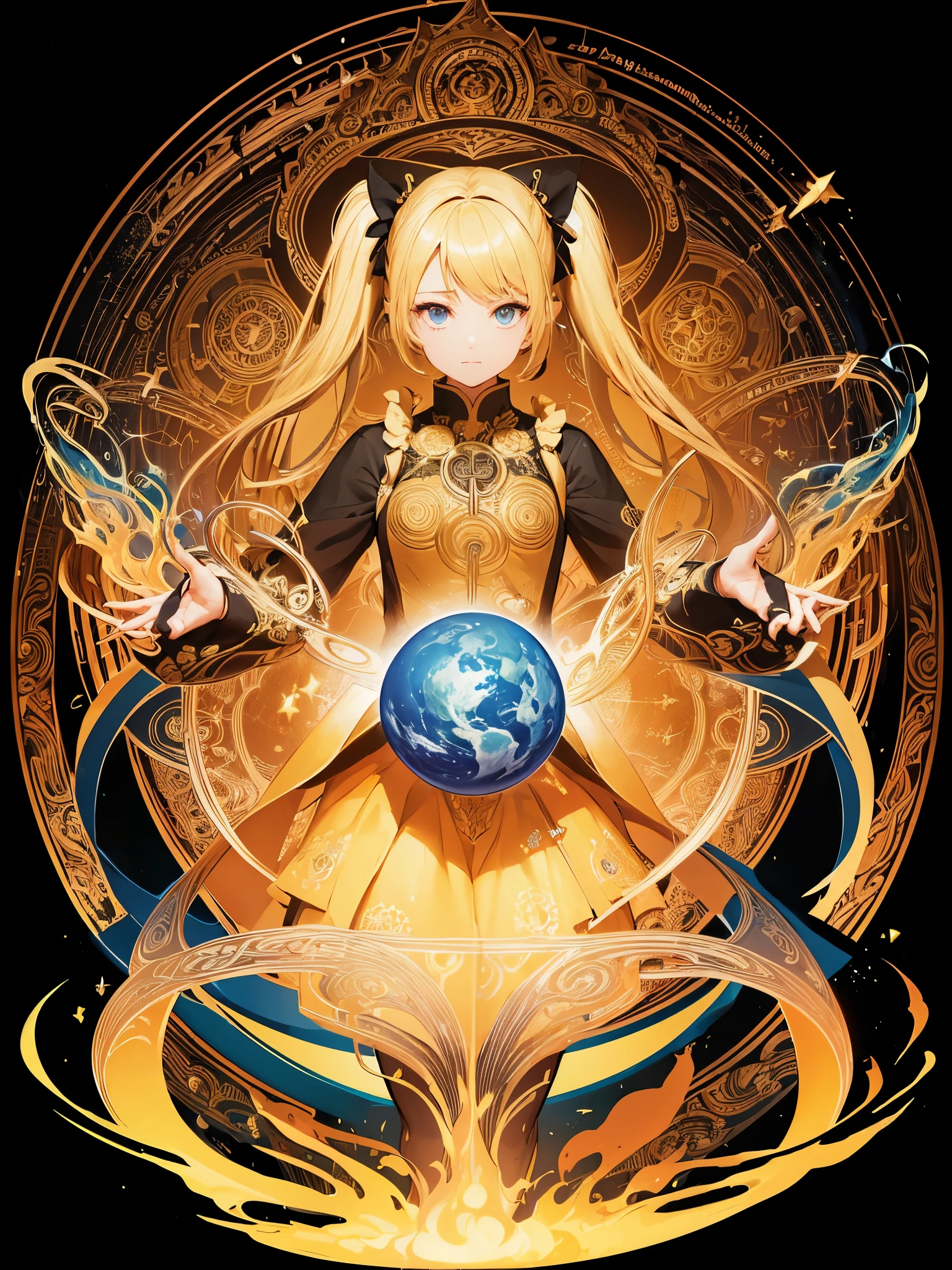 logotype, (((magic))), earth, water, fire, wind, magic circles, mandala, abstract, fractal, pattern, yellow, creative, artstation, vector, golden ratio,((( girl with blonde twin tails))),