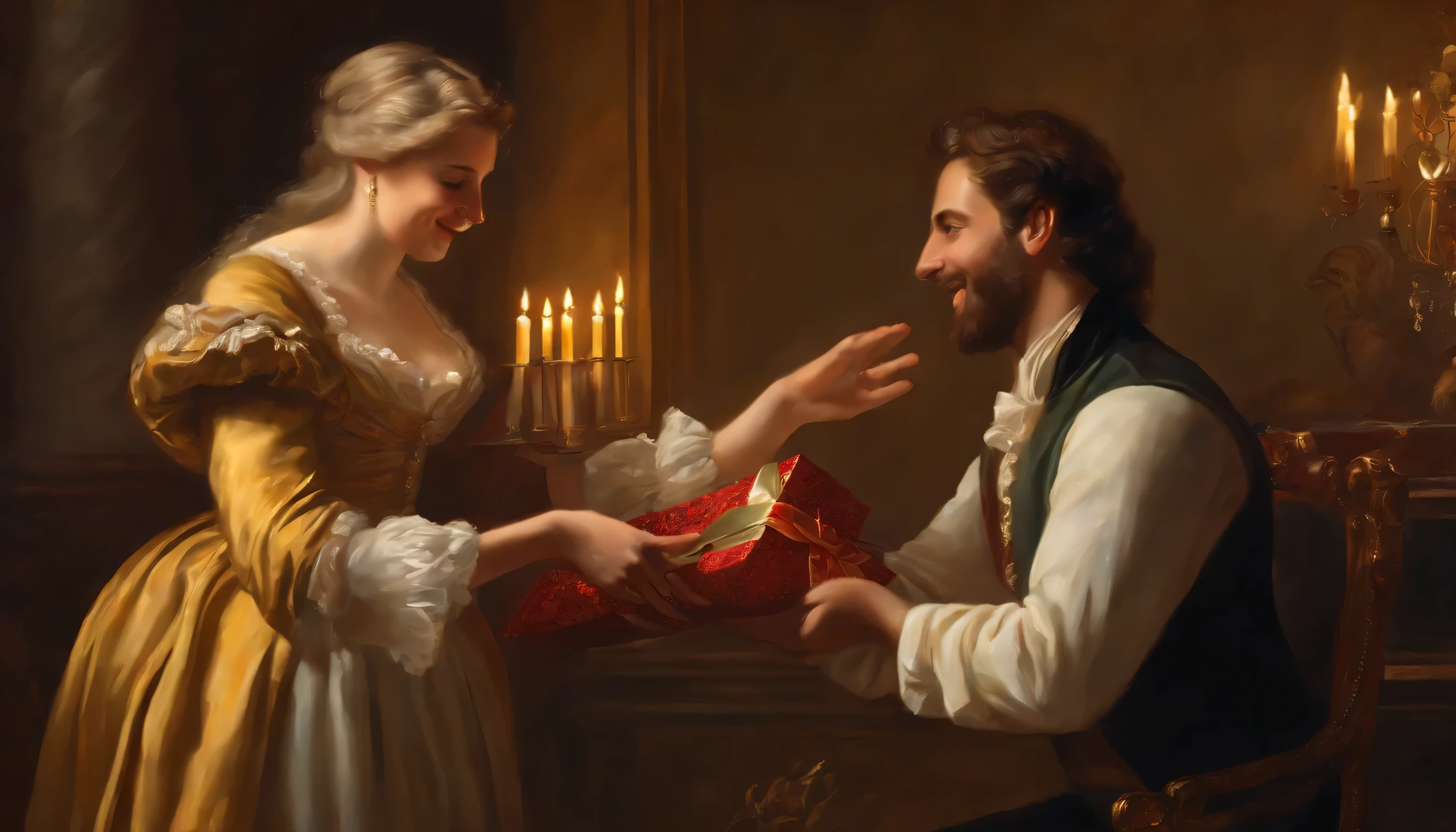 neoclassical oil person receiving a gift smiling