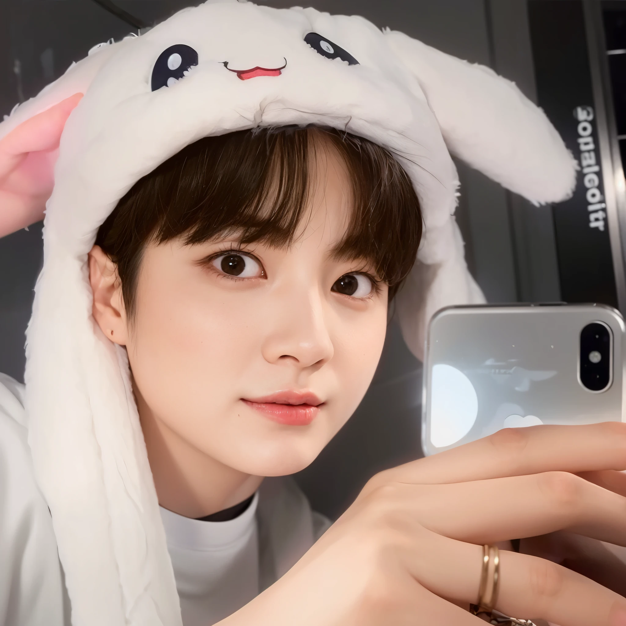 there is a woman taking a selfie with her cell phone, Kim Doyoung, Jungkook, adorable and pale korean face, Jinyoung Shin, Jimin, inspirado em Bian Shoumin, bladee da gangue de drenagem, young pale angel, taejune kim, inspirado em jeonseok lee, fanart oficial, [ foto realista ]!!, Jung Jaehyun, com grandes orelhas de coelho, 8k!