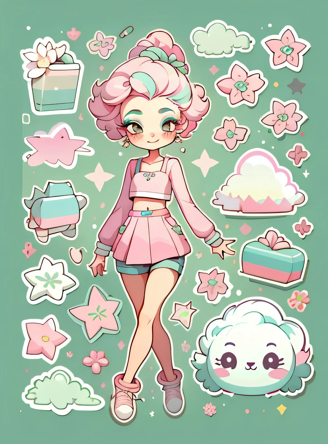1 adesivo, manual, (uma garota estilosa, modelo, Top rosa, fresco e fresco), fundo verde, fundo simples, minimum, elementos de maquiagem, Flores, cap, Bonitinho, pequeno, cor pastel, estilo vetorial, sem gradiente,sorridente