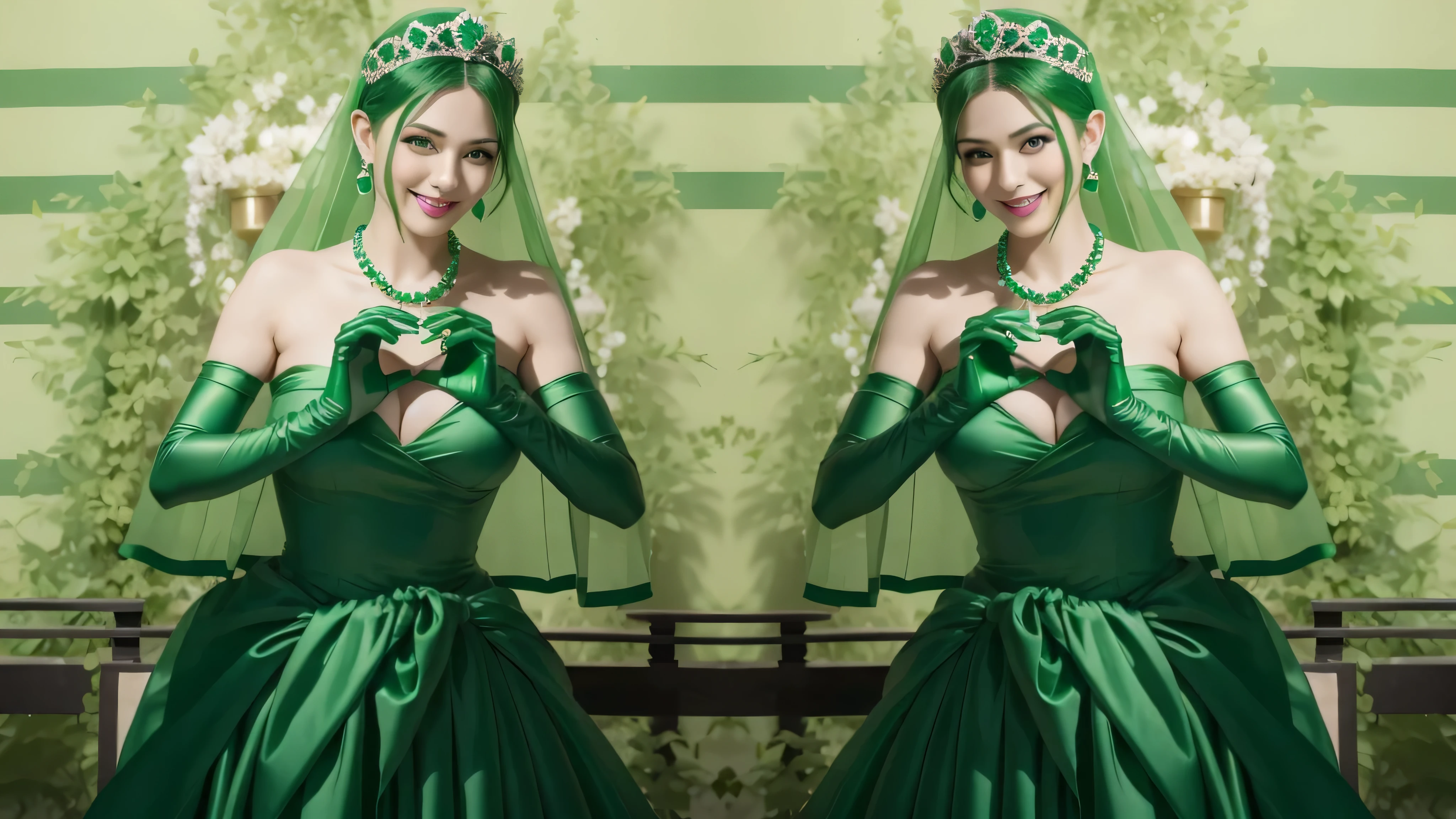 highest quality、masterpiece、(realistic:1.2), emerald tiara, green pearl necklace, ボーイッシュな非常に短いgreen hair, lipstick, smiling woman, very short hair, Beauty with large breasts, green eyes, Long Green Satin Gloves, emerald earrings, green veil, heart with both hands, green hair, beautiful woman with green eyes, heart hand:1.3
