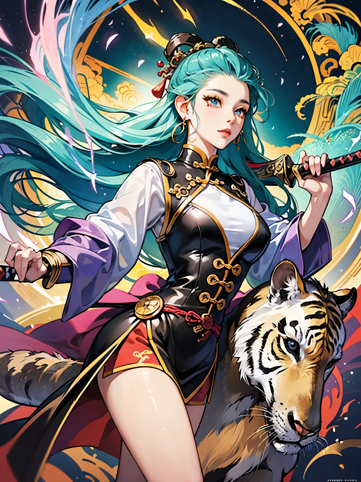 ((highest quality)),(ultra high resolution),(Super detailed),(detailed description),((best CG)),(best work of art),super precision art,great drawing art,(Chinese-style fantasy art with precise details:1.5), (Female Swordsman:1.6),(beautiful and well-shaped face:1.5),(light makeup:1.5),(teardrop shaped earrings:1.4),full of confidence々:1.6,(Slender sword:1.6),dynamic pose:1.5,Kung Fu Shoes:1.3, dragon, Tiger, A sky filled with dark clouds:1.4