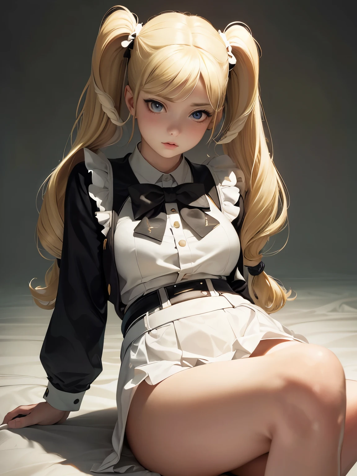 Best Quality, Masterpiece, Ultra High Resolution, (Realisticity: 1.4), Original Photo, 1Girl, Mature, White JK Uniform, Film Lighting,((( girl with blonde twin tails))),