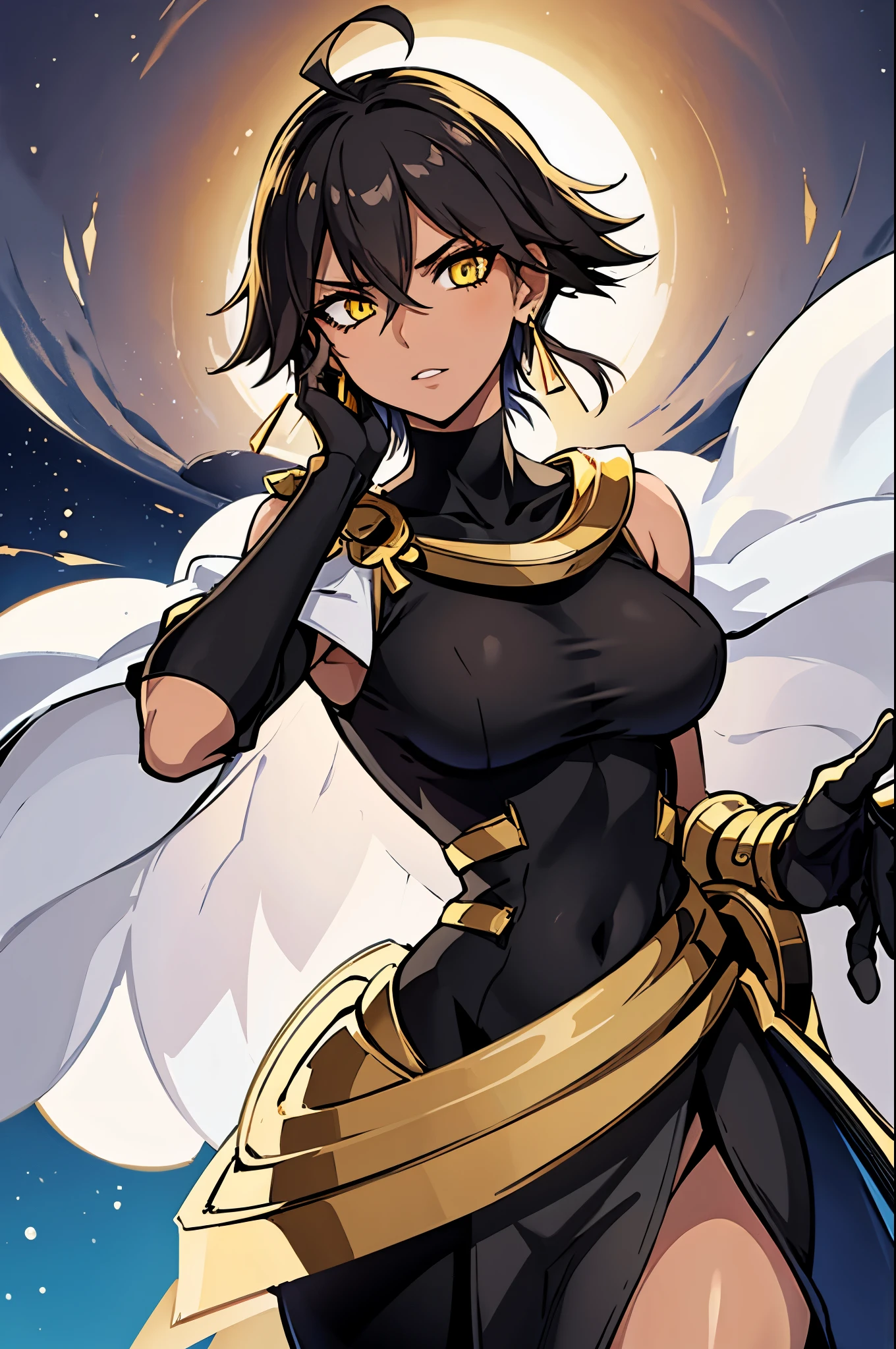 (masterpiece), best quality, expressive eyes, perfect face, highres, (female1.5), 1 girl, solo, ozymadias (fate), yellow eyes, dark-skinned female, hair between eyes, ahoge:1.4), black hair, black gloves, white cape, earrings, jewelry, black gloves, golden gauntlets, waist fauld, standing, upper body portrait, looking at the viewer
