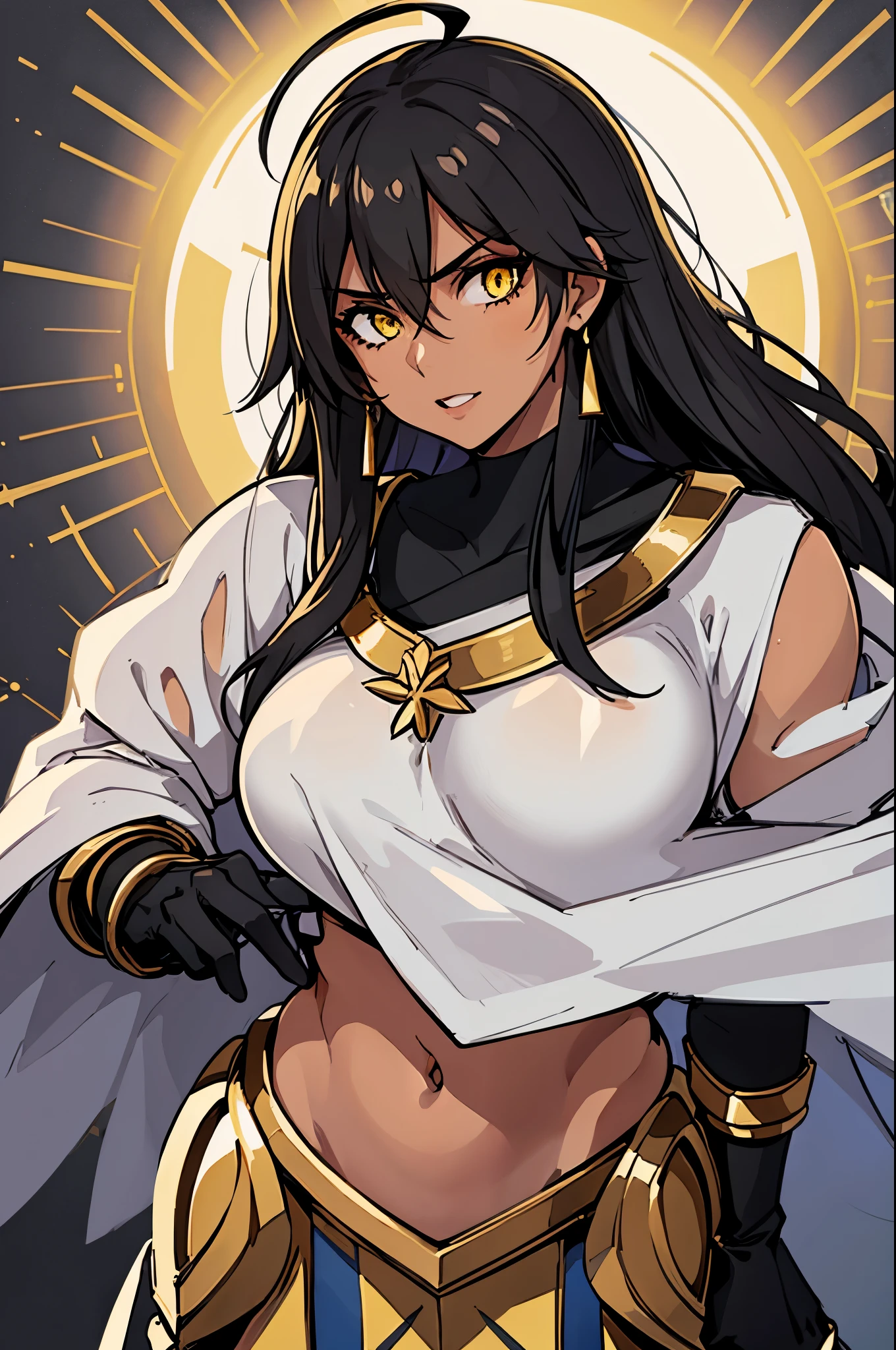 (masterpiece), best quality, expressive eyes, perfect face, highres, (female1.5), 1 girl, solo, ozymadias (fate), yellow eyes, dark-skinned female, hair between eyes, ahoge:1.4), black hair, black gloves, white cape, earrings, jewelry, black gloves, golden gauntlets, waist fauld, standing, upper body portrait, looking at the viewer
