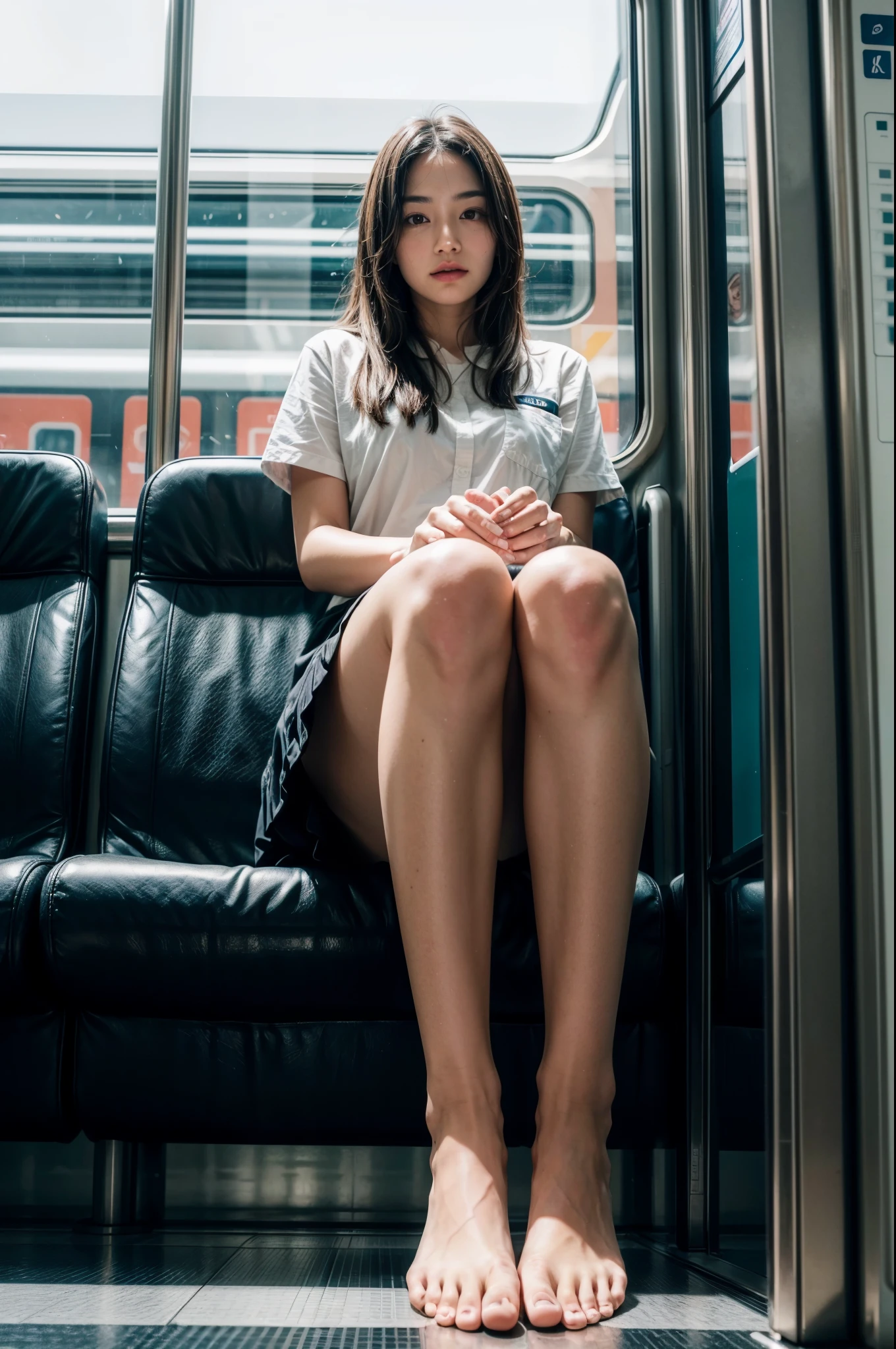 "(Masterpiece, High Definition, Ultra High Definition, 4K) Black hair, 18 years old Japan girl, uniform skirt, emphasizing thighs, white thighs, soft thighs, glossy thighs, sitting on the train, face-to-face angle, (angle from below),sitting in the train seat,Sitting in front,Zoom camera in the crotch,Feet on the train floor,Full body,Looking down and sleepy,Looking at the viewer only", best quality, ultra high definition, (photorealistic:1.4),, high resolution, detail, raw photo, sharp re, Nikon D850 film stock photo by Lee Jefferies 4 kodak portra 400 camera f1.6 lens rich colors hyper realistic lively textures dramatic lighting unreal engine artstation trends cinestir 800,