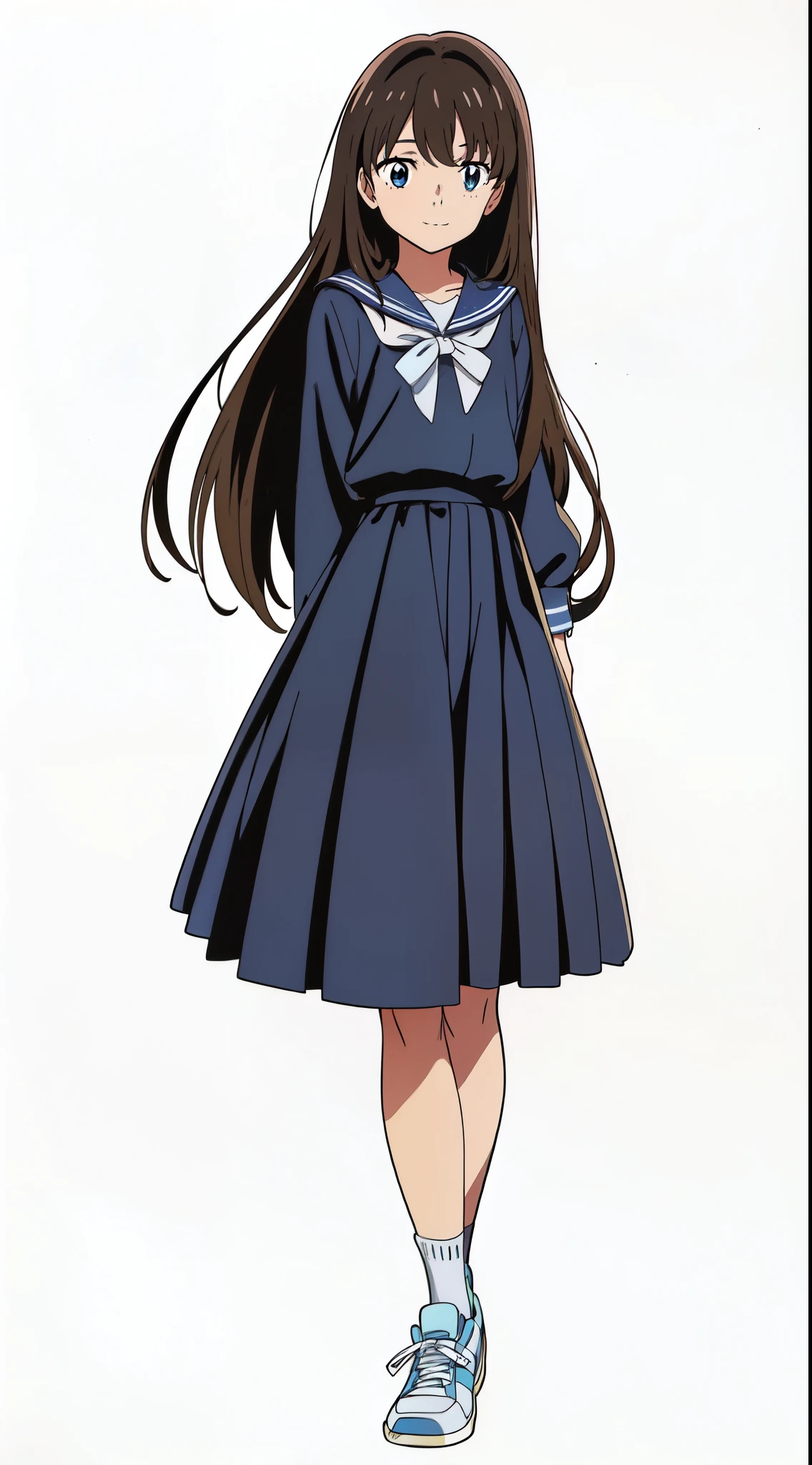 (white background:1.0), (anime:2.0), (official art:2.0), (best quality:2.0), (masterpiece:1.0), (full body:1.0), (solo:1.0), (a yo cute girl:1.5), (long skirt:1.25), (dark blue skirt:1.0), (pleated skirt:1.0), (long sleeve dark blue sailor uniform:1.25), (sneakers:1.0), (white socks:1.0), (ideal ratio body proportions:1.0), (lanky:1.0), (tall:1.0), (slender:1.0), (small breasts:1.0), (smaller face:1.0), (tareme:1.5), (detailed beautiful eyes:1.5), (detailed beautiful face:1.5), (glowing black eyes:1.0), (long hair:1.0), (black hair:1.0)