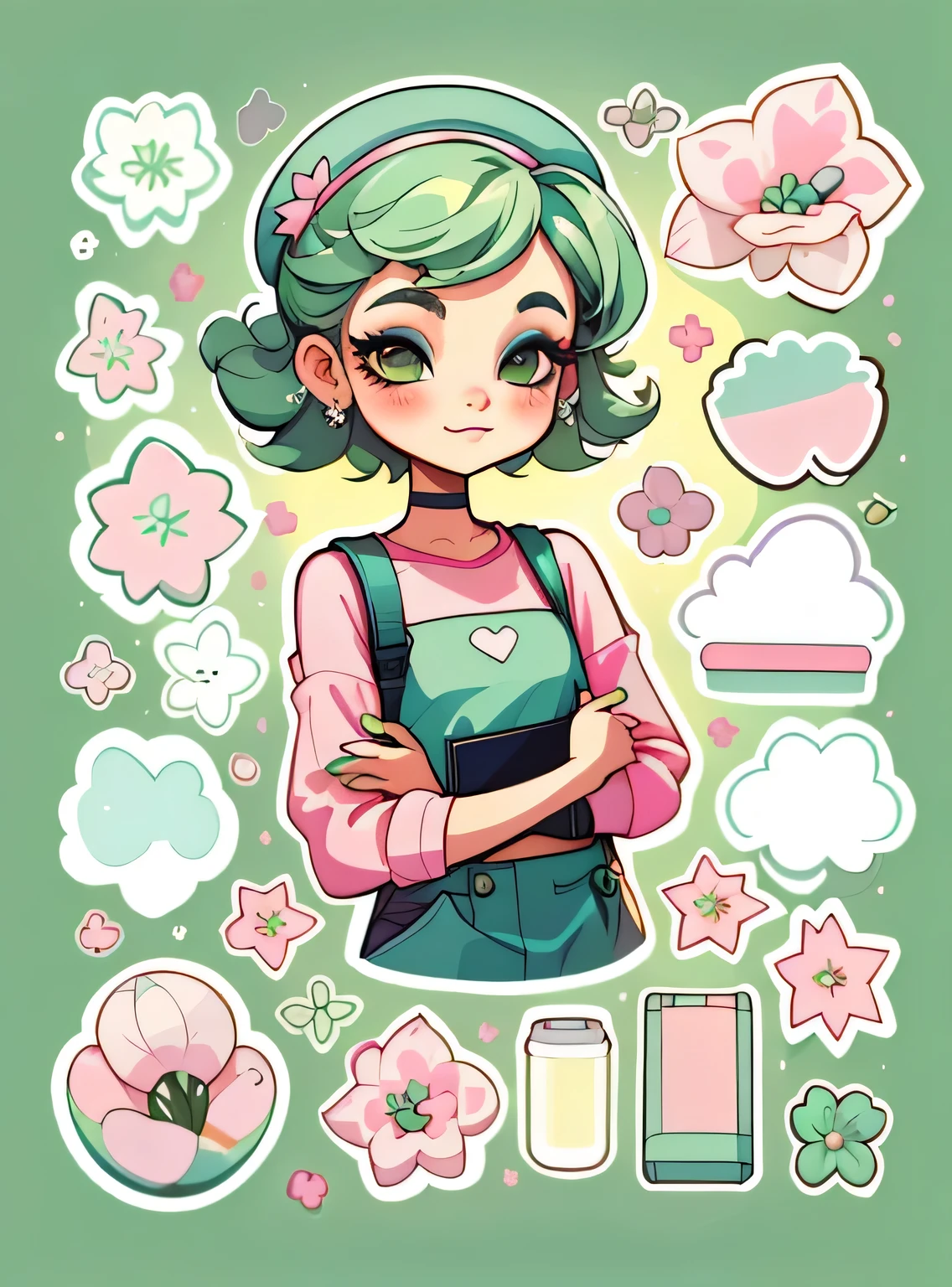 1 adesivo, manual, (uma garota estilosa, modelo, Top rosa, fresco e fresco), fundo verde, fundo simples, minimum, elementos de maquiagem, Flores, cap, Bonitinho, pequeno, cor pastel, estilo vetorial, sem gradiente，sorridente