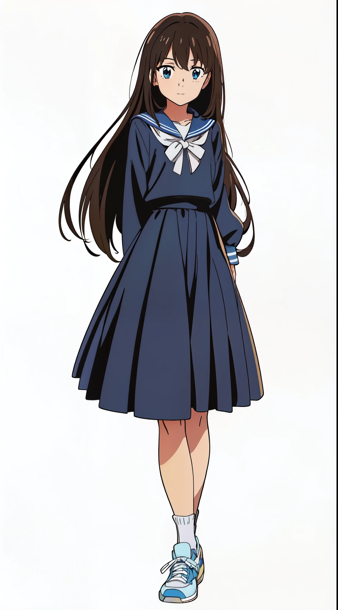 (white background:1.0), (anime:2.0), (official art:2.0), (best quality:2.0), (masterpiece:1.0), (full body:1.0), (solo:1.0), (a 15yo cute girl:1.5), (long skirt:1.25), (dark blue skirt:1.0), (pleated skirt:1.0), (long sleeve dark blue sailor uniform:1.25), (sneakers:1.0), (white socks:1.0), (ideal ratio body proportions:1.0), (lanky:1.0), (tall:1.0), (slender:1.0), (small breasts:1.0), (smaller face:1.0), (tareme:1.5), (detailed beautiful eyes:1.5), (detailed beautiful face:1.5), (glowing black eyes:1.0), (long hair:1.0), (black hair:1.0)