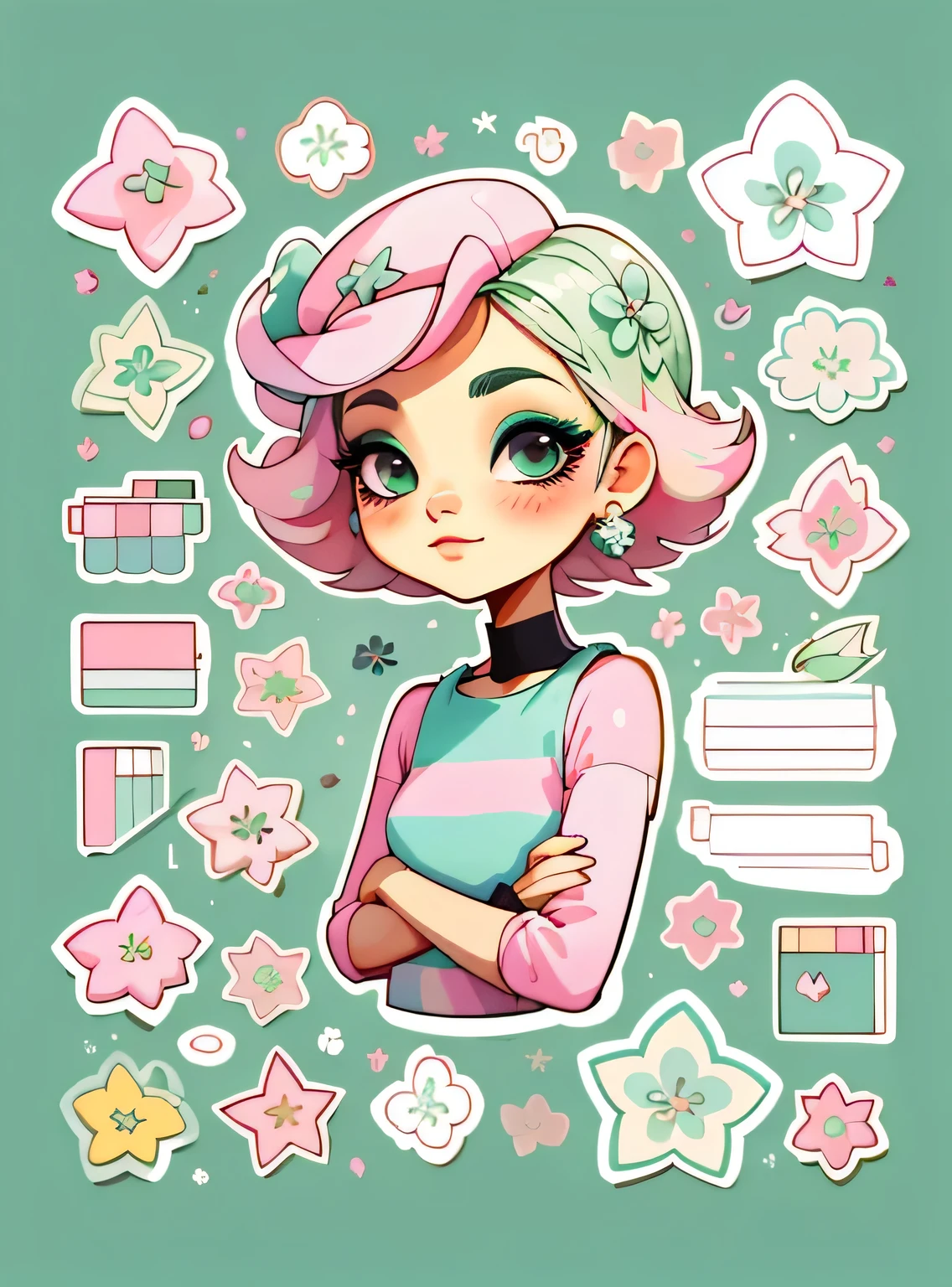 1 adesivo, manual, (uma garota estilosa, modelo, Top rosa, fresco e fresco), fundo verde, fundo simples, minimum, elementos de maquiagem, Flores, cap, Bonitinho, pequeno, cor pastel, estilo vetorial, sem gradiente,sorridente
