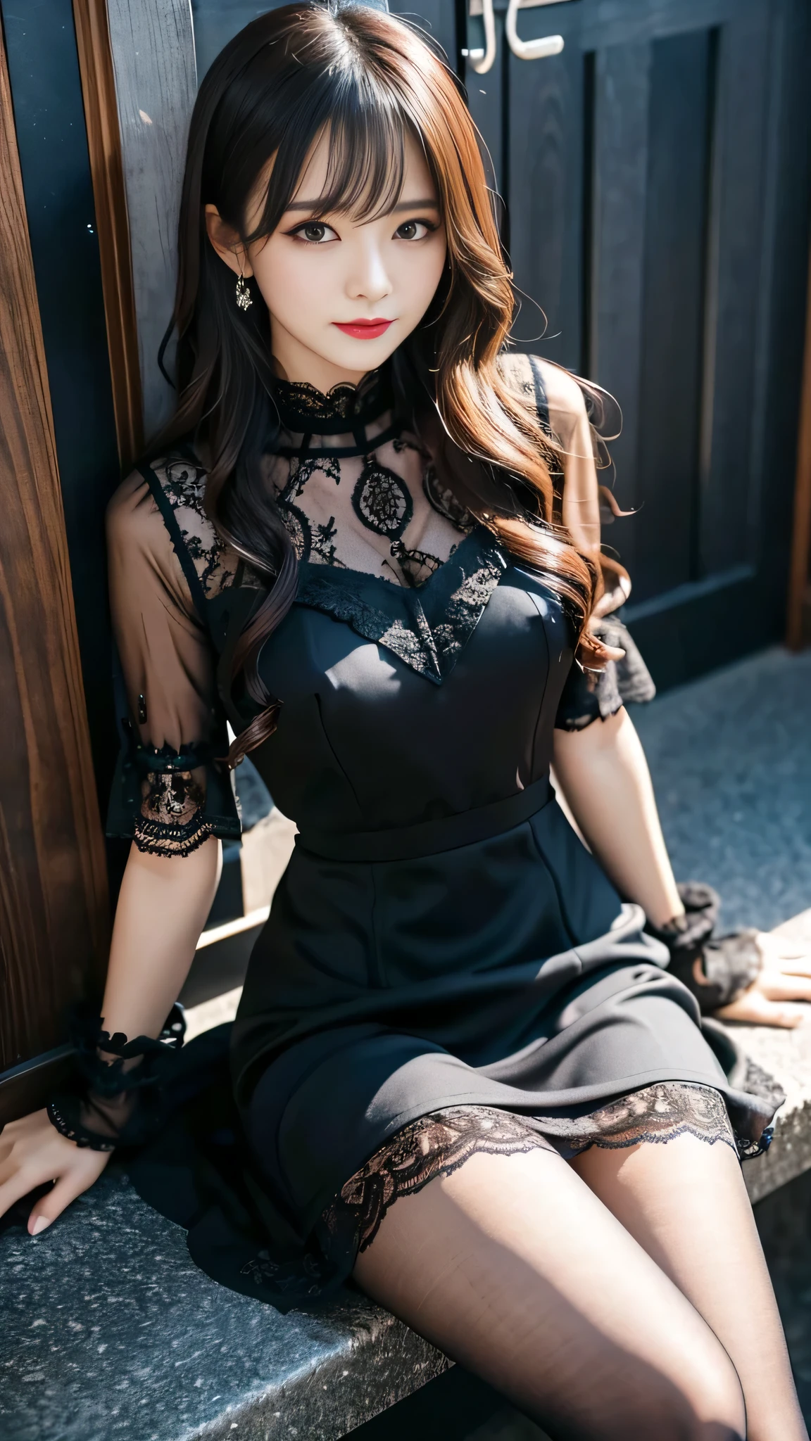 Super detailed、Japanese、charming beauty、seductive adult woman、Dainty woman、sharp eyes、cool girl、wavy hair、suit、Black chiffon、lacy fabric、wide sleeve、wearing a lace insert dress、white blouse、flare skirt、flower pantyhose、Shiny legs、evilの幹部、evil depravity、brainwashing、Mind control、lipstick、grin、邪evilなな表情、evil、empty eyes、邪evilな、one girl in a dark factory、Are standing