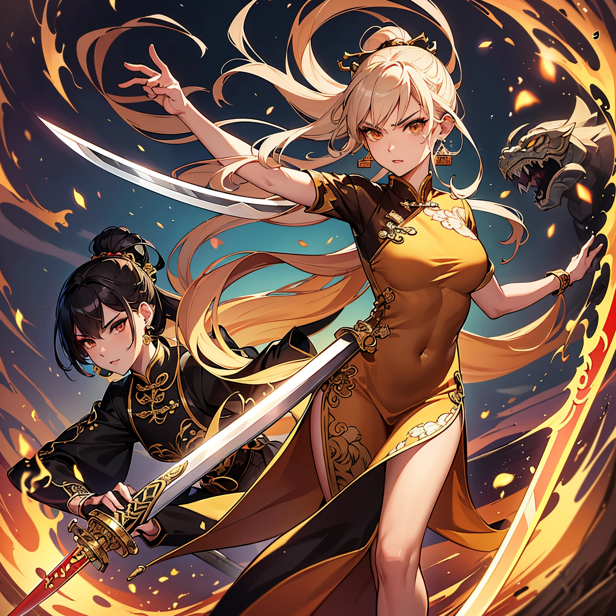 ((highest quality)),(ultra high resolution),(Super detailed),(detailed description),((best CG)),(best work of art),super precision art,great drawing art,(Chinese-style fantasy art with precise details:1.5), (Female Swordsman:1.6),(beautiful and well-shaped face:1.5),(light makeup:1.5),(teardrop shaped earrings:1.4),full of confidence々:1.6,(Slender sword:1.6),dynamic pose:1.5,Kung Fu Shoes:1.3, dragon, Tiger, A sky filled with dark clouds:1.4