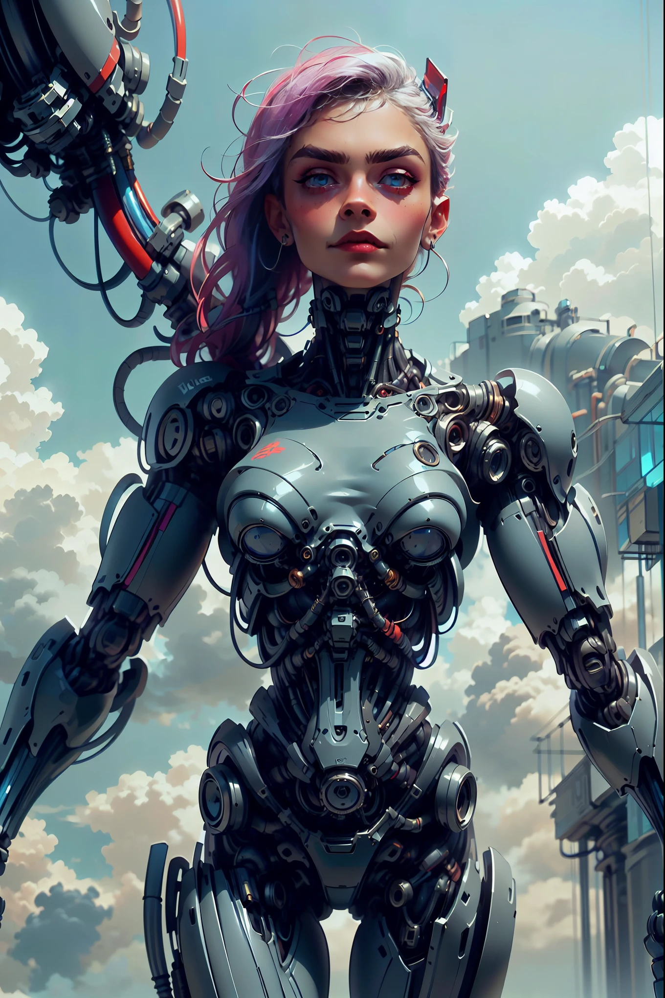 (1 girl), (beautiful cyborg queen looking at camera:1.25), (cara delevingne:1.25), (robotic mechanical physique:1.25), (1 super muscular cyborg demoness:1.25), (covered in cables and mechanical muscles:1.25), (android muscular anatomy:1.25), (perfect fingers:1.25),(8k, RAW photo, photorealistic:1.25), sci fi atmosphere, futuristic technopia, alien landscape,