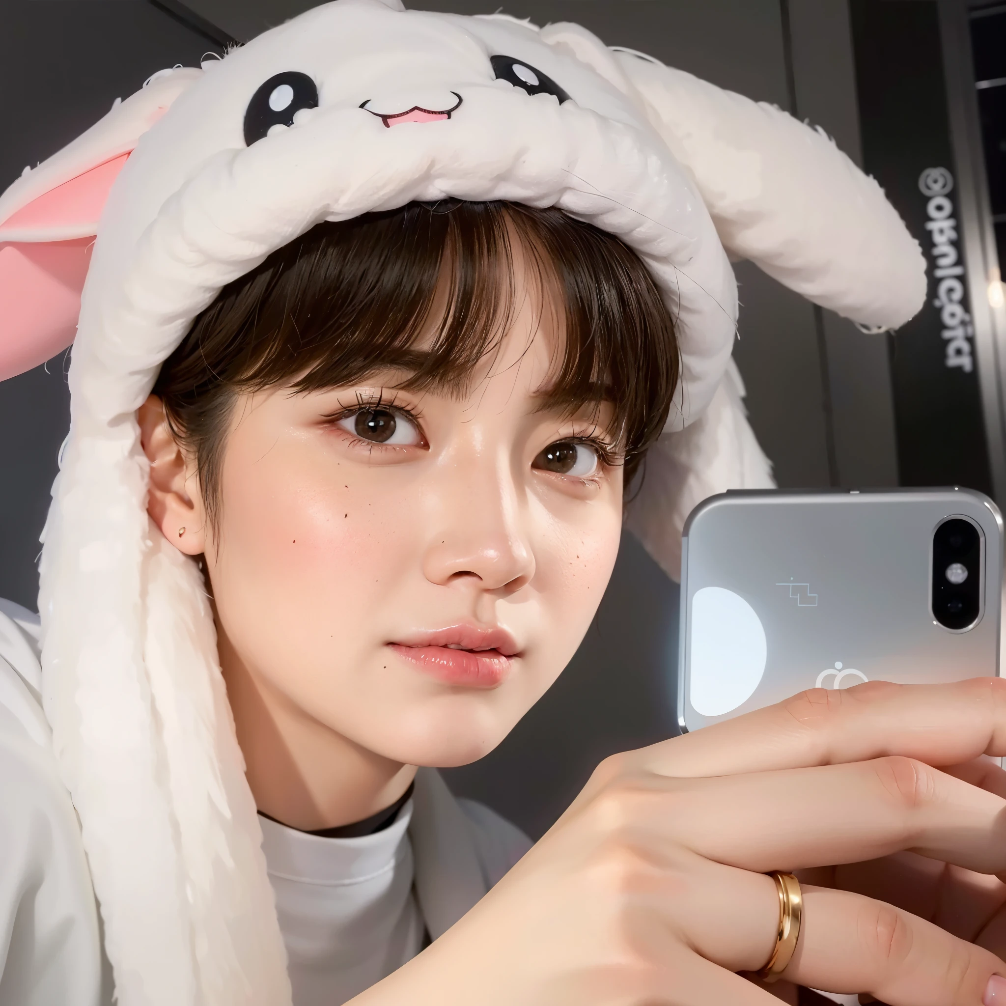 there is a woman taking a selfie with her cell phone, Kim Doyoung, Jungkook, adorable and pale korean face, Jinyoung Shin, Jimin, inspirado em Bian Shoumin, bladee da gangue de drenagem, young pale angel, taejune kim, inspirado em jeonseok lee, fanart oficial, Jung Jaehyun, [ foto realista ]!!, com grandes orelhas de coelho, 8k!