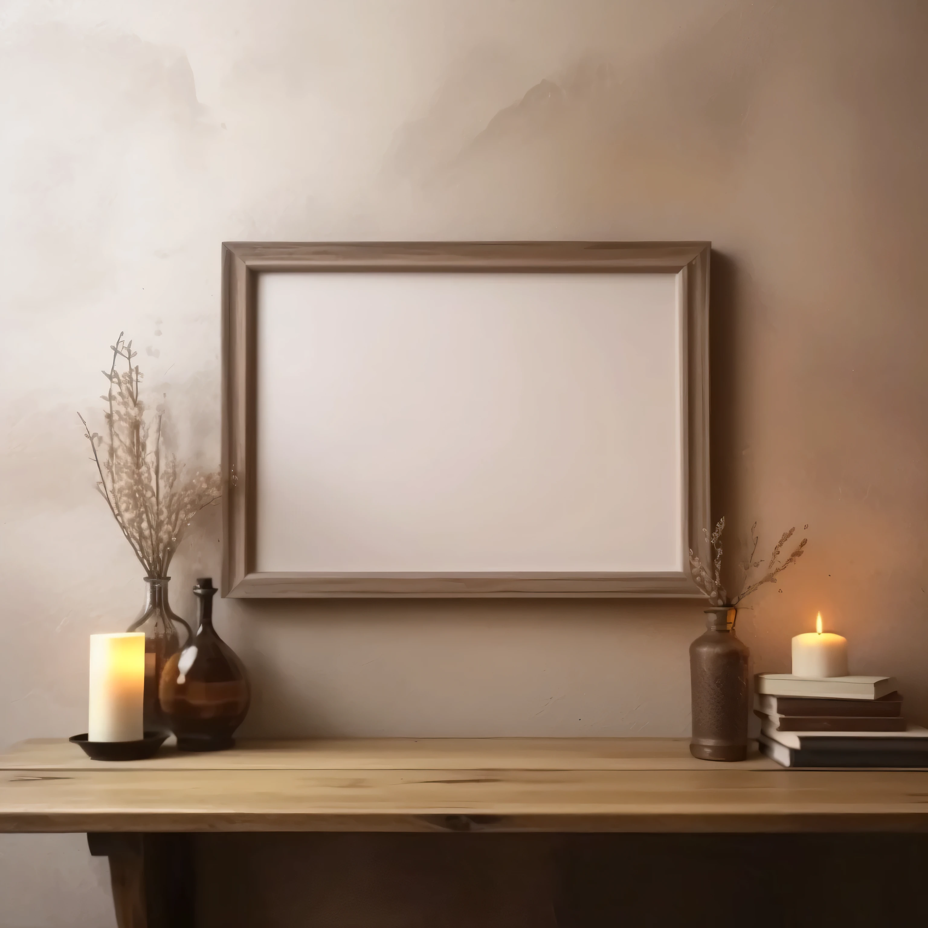 a close up of a table with a picture frame and a candle, rustic setting, wooden frame, rustic, beautiful wooden frame, inside a frame on a tiled wall, wooden walls with framed art, modern rustic, retro vintage and romanticism, picture frames, light frame, indoor scene, frame around picture, well framed, rustic wood, beautiful frames, poster composition