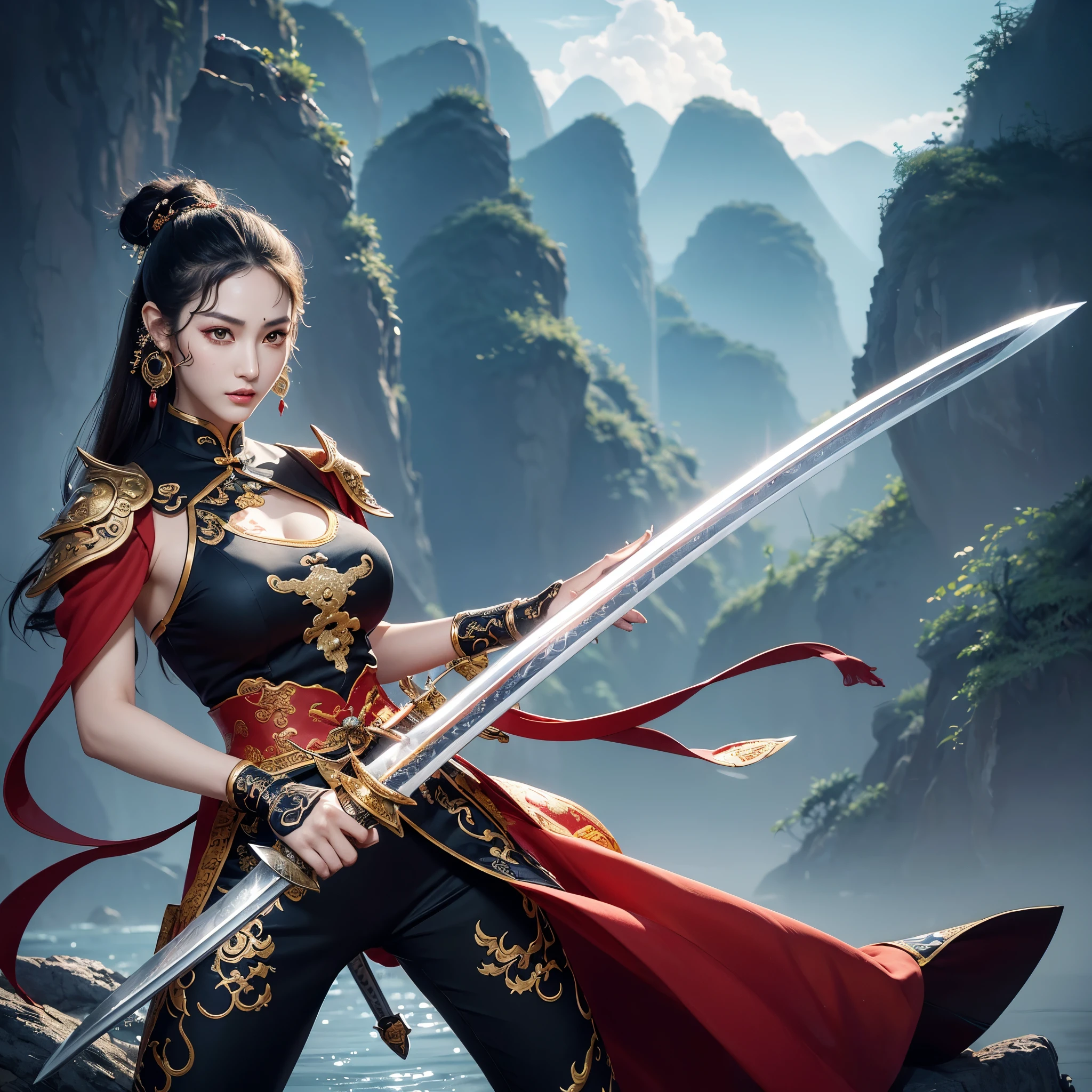 ((highest quality)),(ultra high resolution),(Super detailed),(detailed description),((best CG)),(best work of art),super precision art,great drawing art,(Chinese-style fantasy art with precise details:1.5), (Female Swordsman:1.6),(beautiful and well-shaped face:1.5),(light makeup:1.5),(teardrop shaped earrings:1.4),full of confidence々:1.6,(Slender sword:1.6),dynamic pose:1.5,Kung Fu Shoes:1.3, dragon, Tiger, A sky filled with dark clouds:1.4