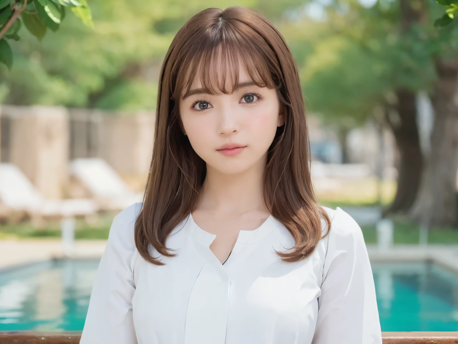 Pueros face_v1, highest quality, Photoreal, 8K, High resolution, 2person girl, woman, (skin dents), (Portrait:0.6), Gorgeous, dynamic pose, ((poolsidebackground:1.6)), Palm tree, ((Medium Size Round Breast, white blouse:1.4)), look straight at the viewer:1.8, (1 Girl's eyes looking at the viewer, medium length hair, brown hair, Putted Bangs:1.65), (Bokeh), (please keep your mouth shut:1.46),necklace、 Twintail hairstyles,blue eyes、blue eyes、