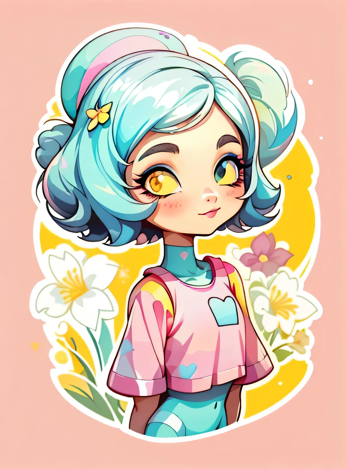 1 adesivo, manual, (uma garota estilosa, modelo, Top rosa, fresco e fresco), Fundo AMARELO, fundo simples, minimum, elementos de maquiagem, Flores, cap, Bonitinho, pequeno, cor pastel, estilo vetorial, sem gradiente,sorridente