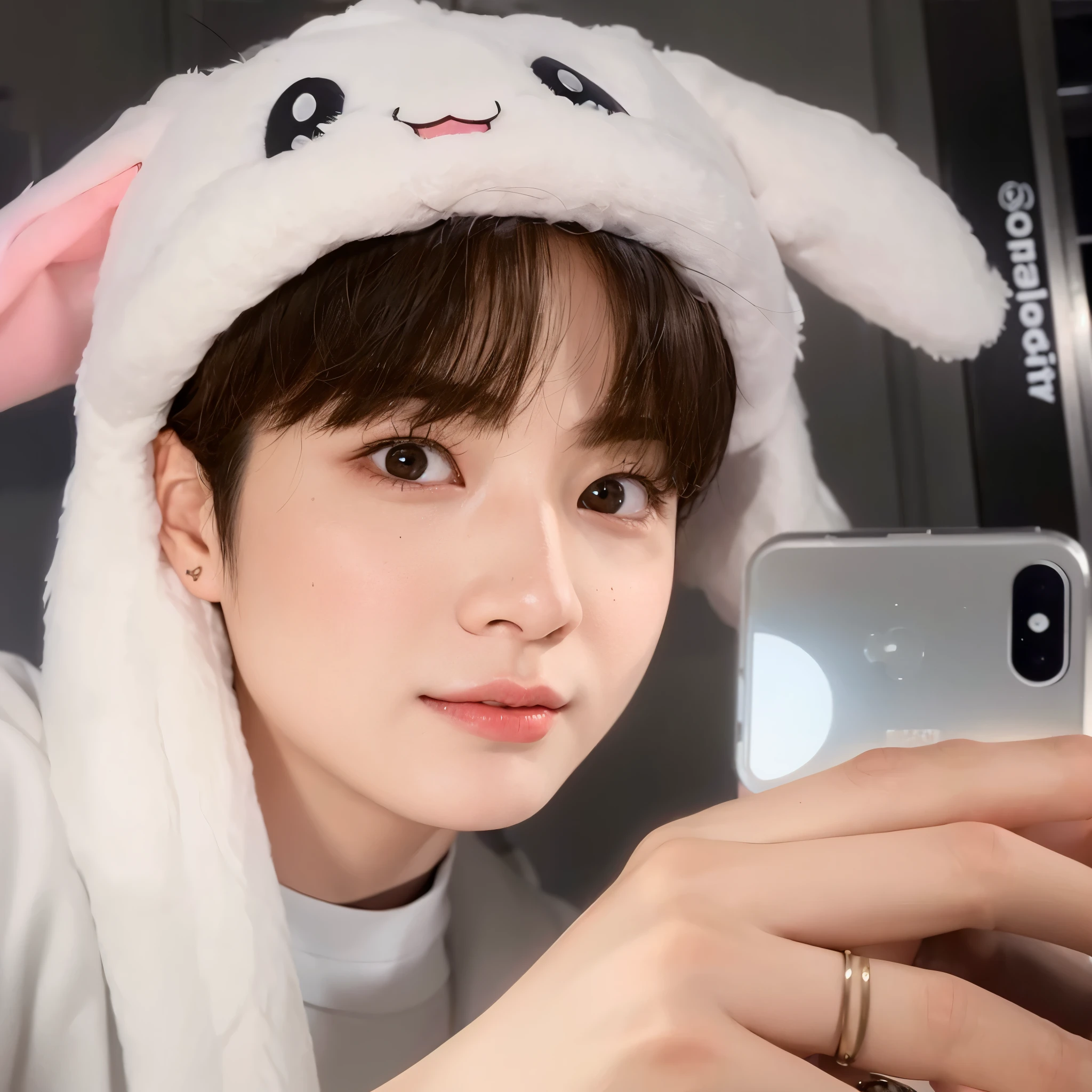 There is a man taking a selfie with his cell phone, Kim Doyoung, Jungkook, adorable and pale korean face, Jinyoung Shin, Jimin, inspirado em Bian Shoumin, bladee da gangue de drenagem, young pale angel, taejune kim, inspirado em jeonseok lee, fanart oficial, Jung Jaehyun, [ foto realista ]!!, com grandes orelhas de coelho, 8k!