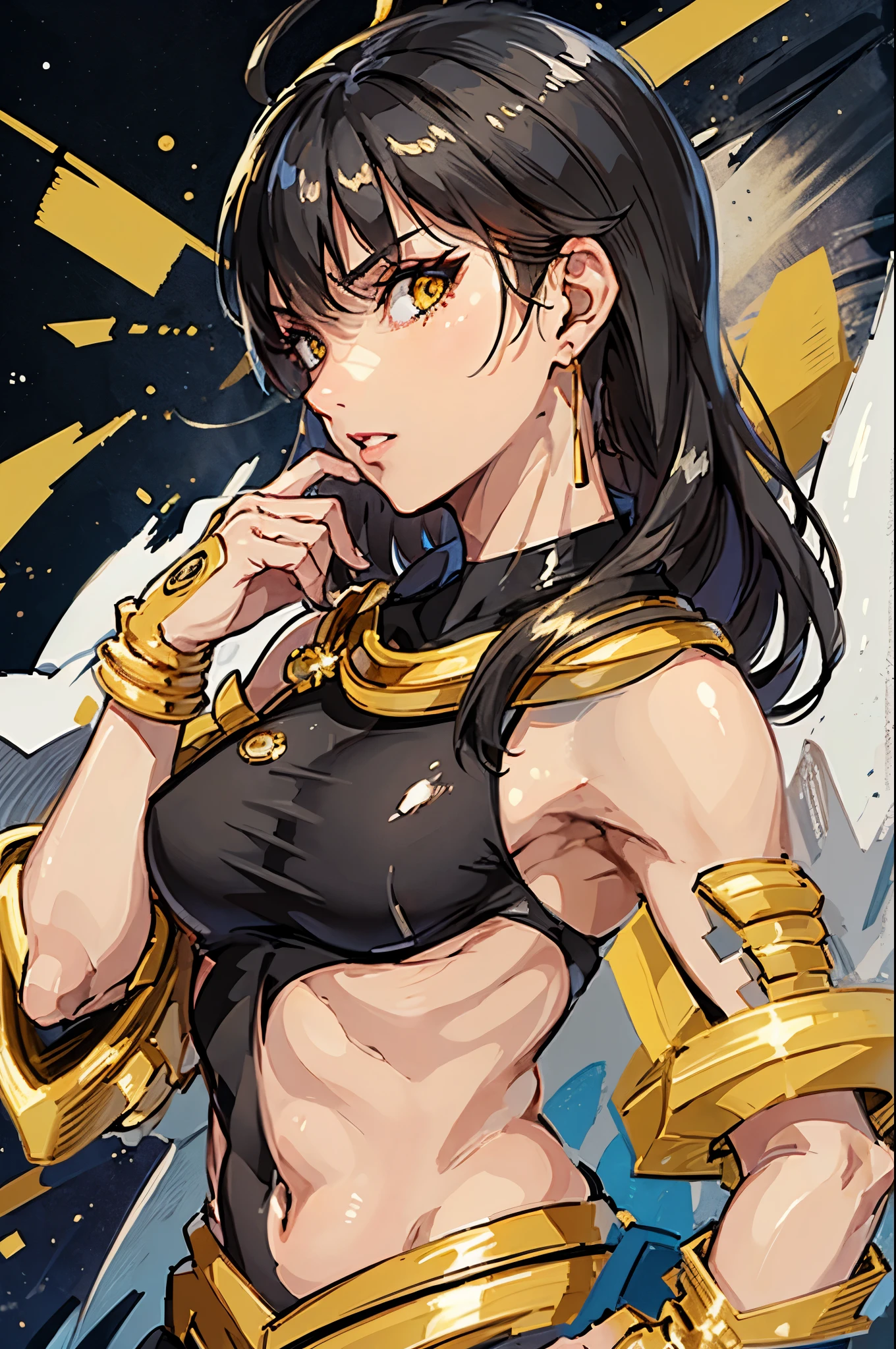 (masterpiece), best quality, expressive eyes, perfect face, highres, (female1.5), 1 girl, solo, ozymadias (fate), yellow eyes, dark-skinned female, hair between eyes, ahoge:1.4), black hair, black gloves, white cape, earrings, jewelry, black gloves, golden gauntlets, waist fauld, standing, upper body portrait, looking at the viewer
