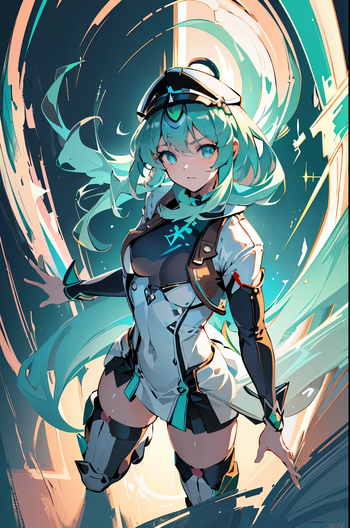 Anime, Girl, (((1girl))), (((Waifu, Xenoblade Chronicles 2, Pneuma Waifu))), (((Seafoam Green Hair, Long Hair))), ((Seafoam Green Eyes eyes:1.3, Upturned Eyes: 1, Perfect Eyes, Beautiful Detailed Eyes, Gradient eyes: 1, Finely Detailed Beautiful Eyes: 1, Symmetrical Eyes: 1, Big Highlight On Eyes: 1.2)), (((Lustrous Skin: 1.5, Bright Skin: 1.5, Skin Fair, Shiny Skin, Very Shiny Skin, Shiny Body, Plastic Glitter Skin, Exaggerated Shiny Skin, Illuminated Skin))), (Detailed Body, (Detailed Face)), Young, Idol Pose, (Best Quality), Techwear, (((Military Uniform))), (((Military Cap))), (((Military Coat))), (((Thigh-high Heeled Boots))), High Resolution, Sharp Focus, Ultra Detailed, Extremely Detailed, Extremely High Quality Artwork, (Realistic, Photorealistic: 1.37), 8k_Wallpaper, (Extremely Detailed CG 8k), (Very Fine 8K CG), ((Hyper Super Ultra Detailed Perfect Piece)), (((Flawlessmasterpiece))), Illustration, Vibrant Colors, (Intricate), High Contrast, Selective Lighting, Double Exposure, HDR (High Dynamic Range), Post-processing, Background Blur