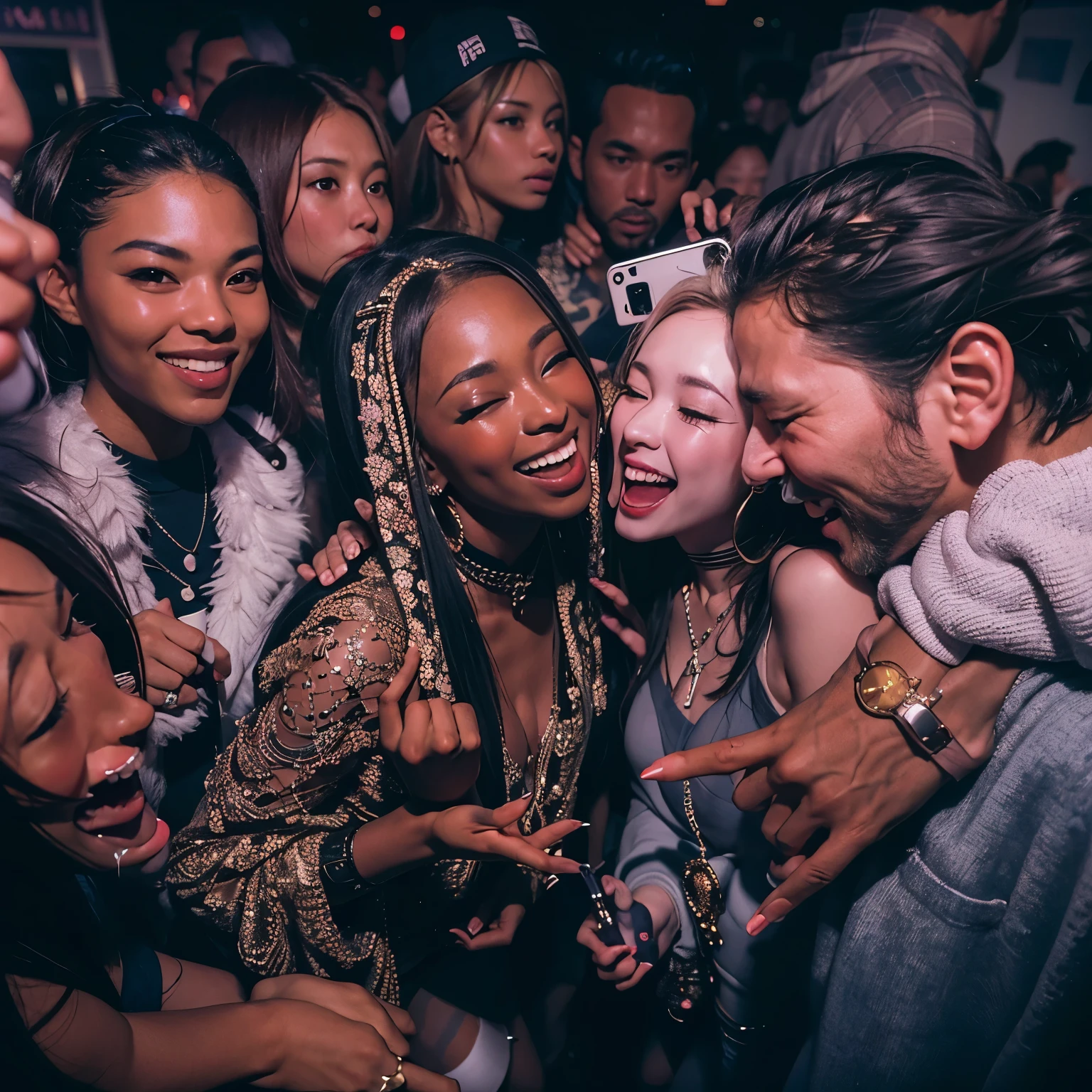 Nightclub candid photography, disposable camera, hip-hop aesthetics, a group of friends, mixed genders and ethnicities, laughing together