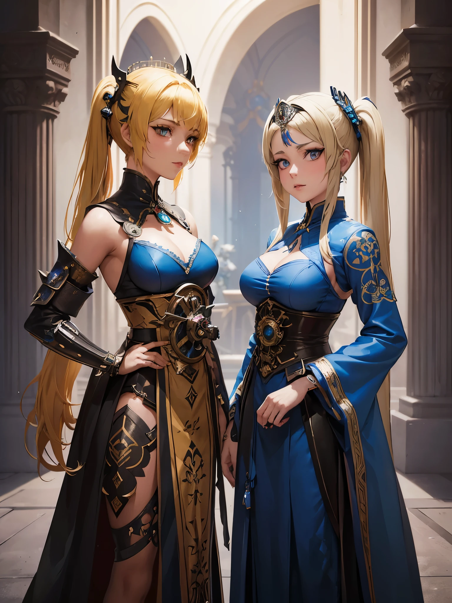 two women in costumes are standing in a room, as lady mechanika, static Prometheus frame, blue body paint, cyberpunk ornaments, Aztec Empress, cinematic details, guards, balcony scene, solarpunk, by Leon Wyczółkowski, sisters, Japanese cgi, Kazakh empress, character close-up ,((( petitegirl with blonde twin tails))),