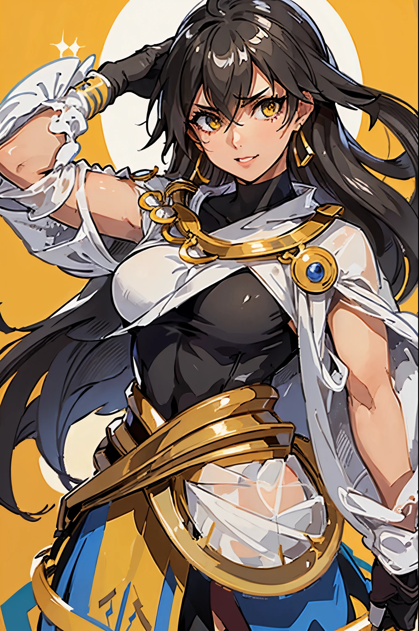 (masterpiece), best quality, expressive eyes, perfect face, highres, (female1.5), 1 girl, solo, ozymadias (fate), yellow eyes, dark-skinned female, hair between eyes, ahoge:1.4), black hair, black gloves, white cape, earrings, jewelry, black gloves, golden gauntlets, waist fauld, standing, upper body portrait, looking at the viewer