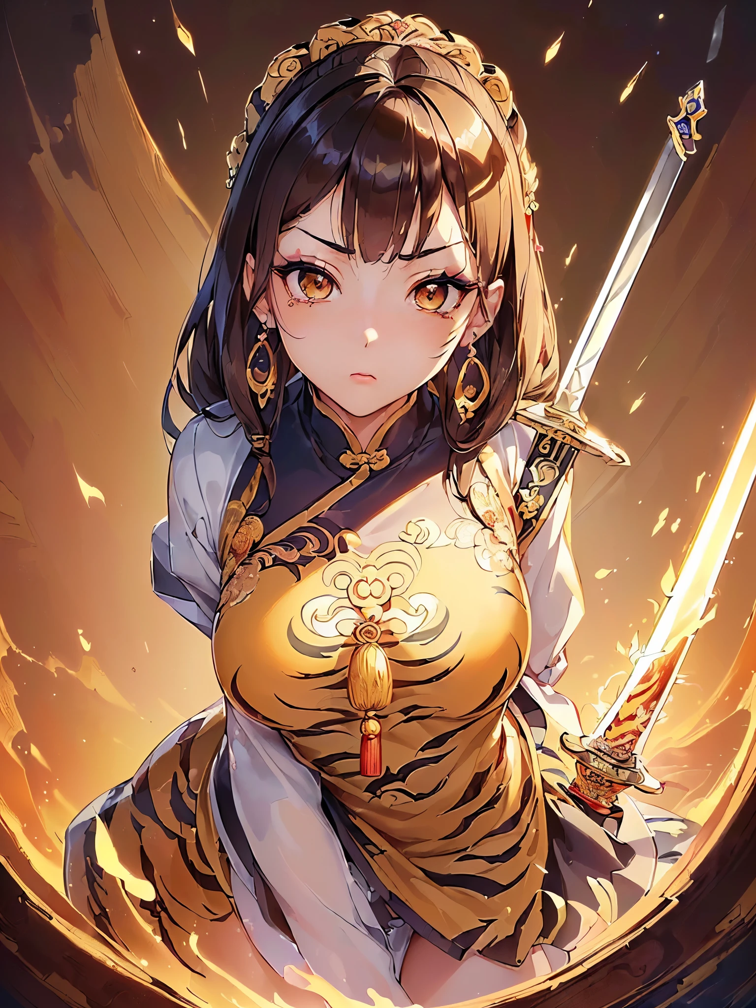 ((highest quality)),(ultra high resolution),(Super detailed),(detailed description),((best CG)),(best work of art),super precision art,great drawing art,(Chinese-style fantasy art with precise details:1.5), (Female Swordsman:1.6),(beautiful and well-shaped face:1.5),(light makeup:1.5),(teardrop shaped earrings:1.4),full of confidence々:1.6,(Slender sword:1.6),dynamic pose:1.5,(Finely detailed Hufuku:1.7,詳細に描写されたTigerの刺繡:1.7),Kung Fu Shoes:1.3, (dragon, Tiger), A sky filled with dark clouds:1.4
