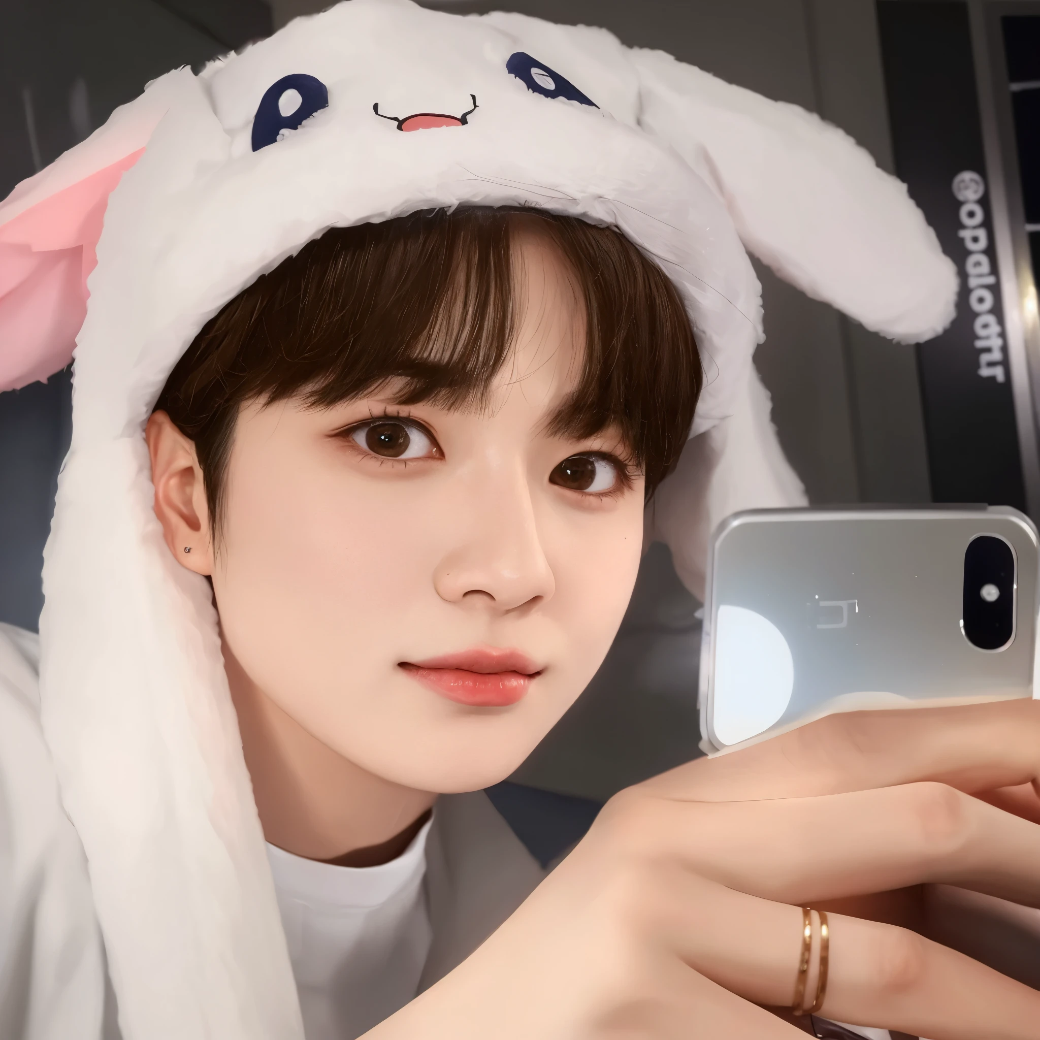 There is a man taking a selfie with his cell phone, Kim Doyoung, Jungkook, adorable and pale korean face, Jinyoung Shin, Jimin, inspirado em Bian Shoumin, bladee da gangue de drenagem, young pale angel, taejune kim, inspirado em jeonseok lee, fanart oficial, [ foto realista ]!!, Jung Jaehyun, com grandes orelhas de coelho, 8k!
